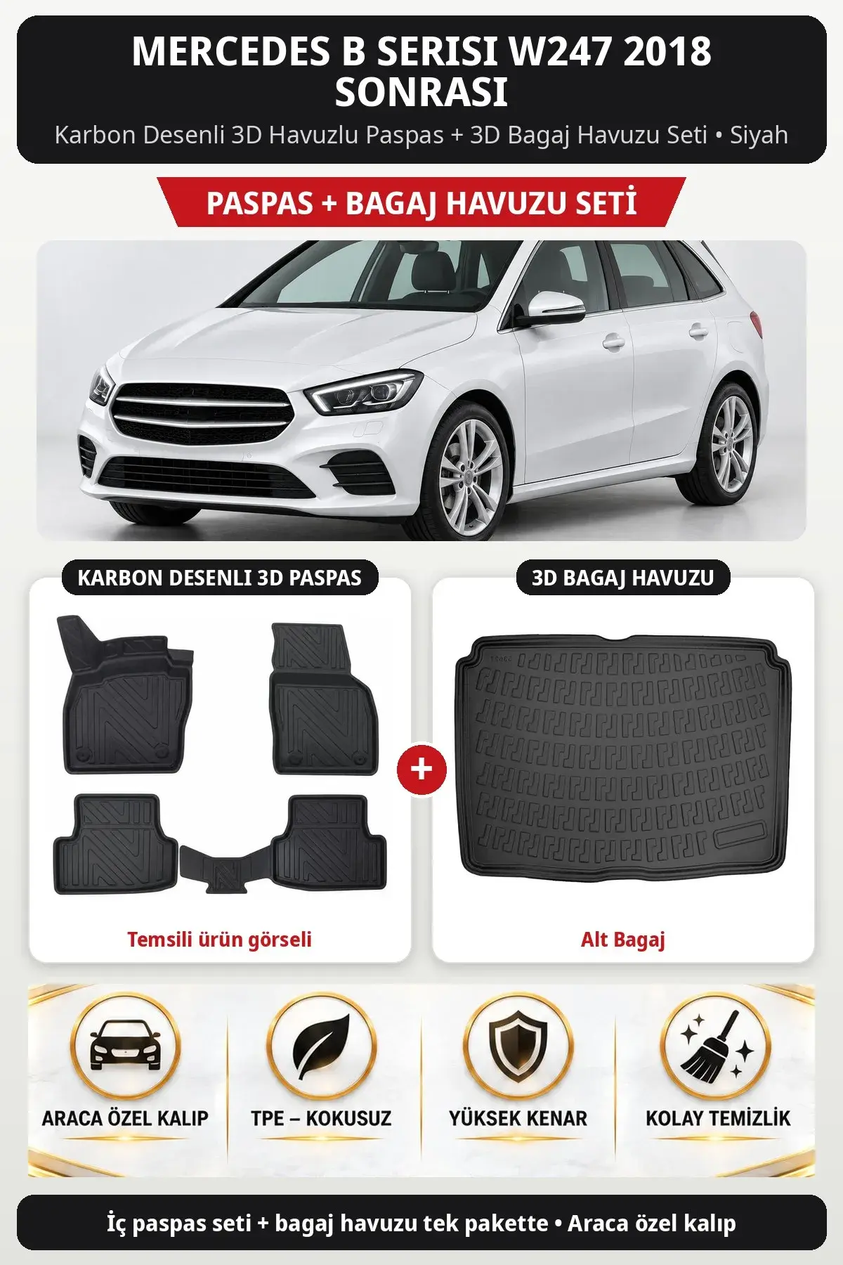 Mercedes B Serisi W247 2018 Sonrası Karbon Desenli 3D Paspas + Bagaj Havuzu Seti (Alt Bagaj) Siyah (1)