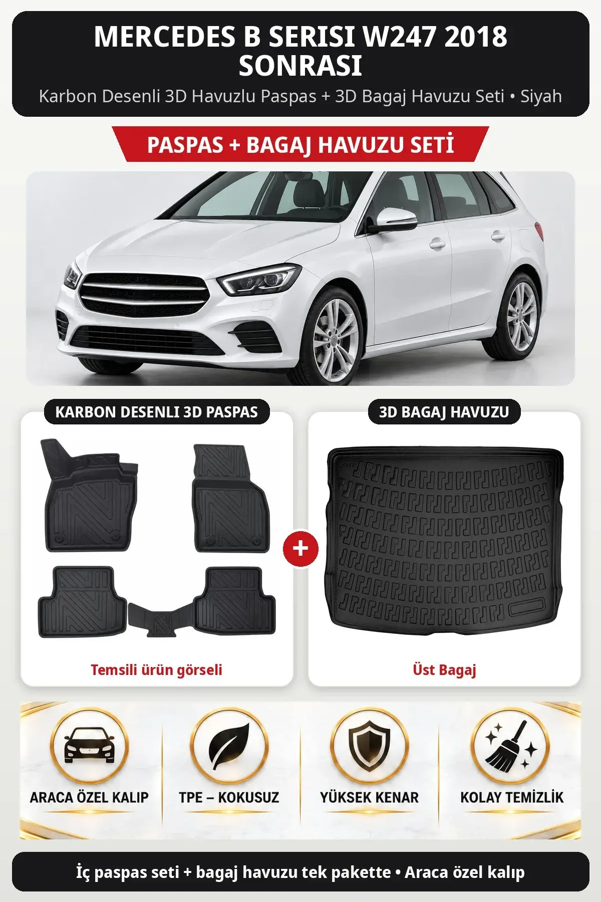 Mercedes B Serisi W247 2018 Sonrası Karbon Desenli 3D Paspas + Bagaj Havuzu Seti (Üst Bagaj) Siyah (1)
