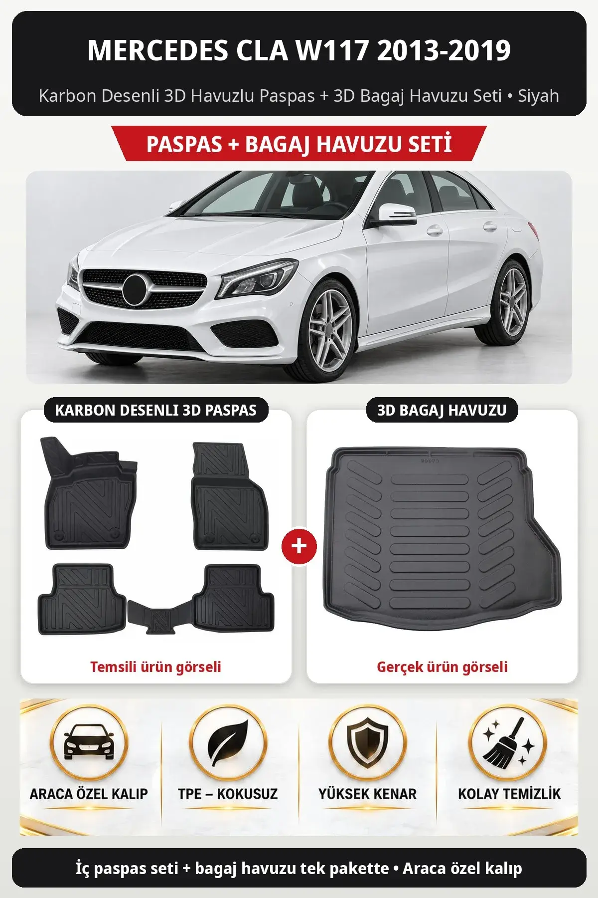Mercedes CLA W117 2013-2019 Karbon Desenli 3D Havuzlu Paspas + 3D Bagaj Havuzu Seti Siyah (1)