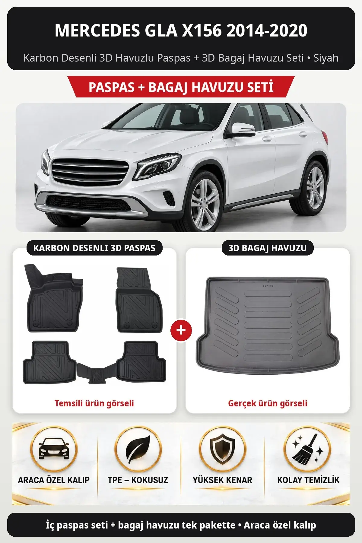 Mercedes GLA X156 2014-2020 Karbon Desenli 3D Havuzlu Paspas + 3D Bagaj Havuzu Seti Siyah (1)