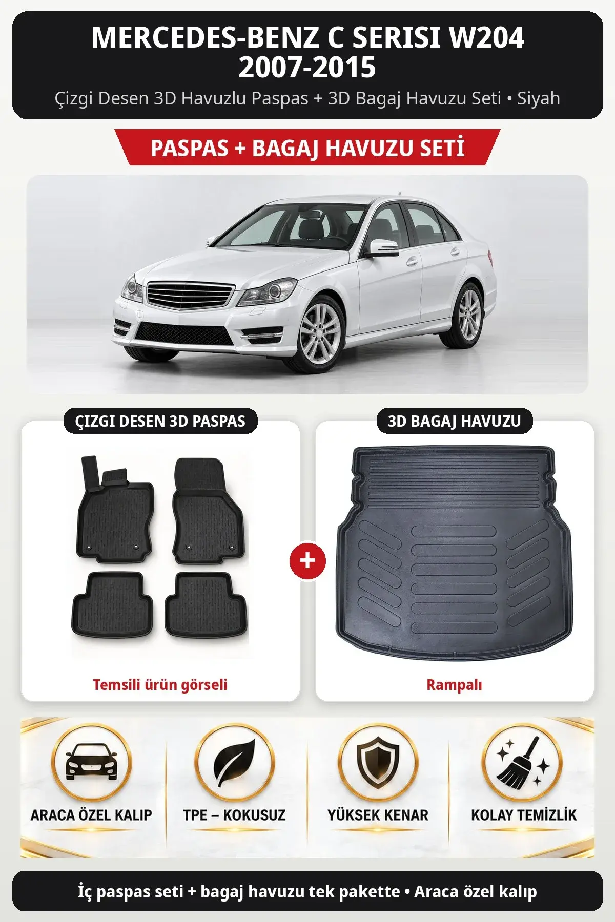 Mercedes-Benz C Serisi W204 2007-2015 Çizgi Desen 3D Paspas + Bagaj Havuzu Seti (Rampalı) Siyah (1)