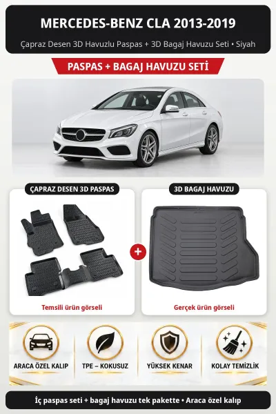 Mercedes-Benz CLA 2013-2019 Çapraz Desen 3D Havuzlu Paspas + 3D Bagaj Havuzu Seti Siyah