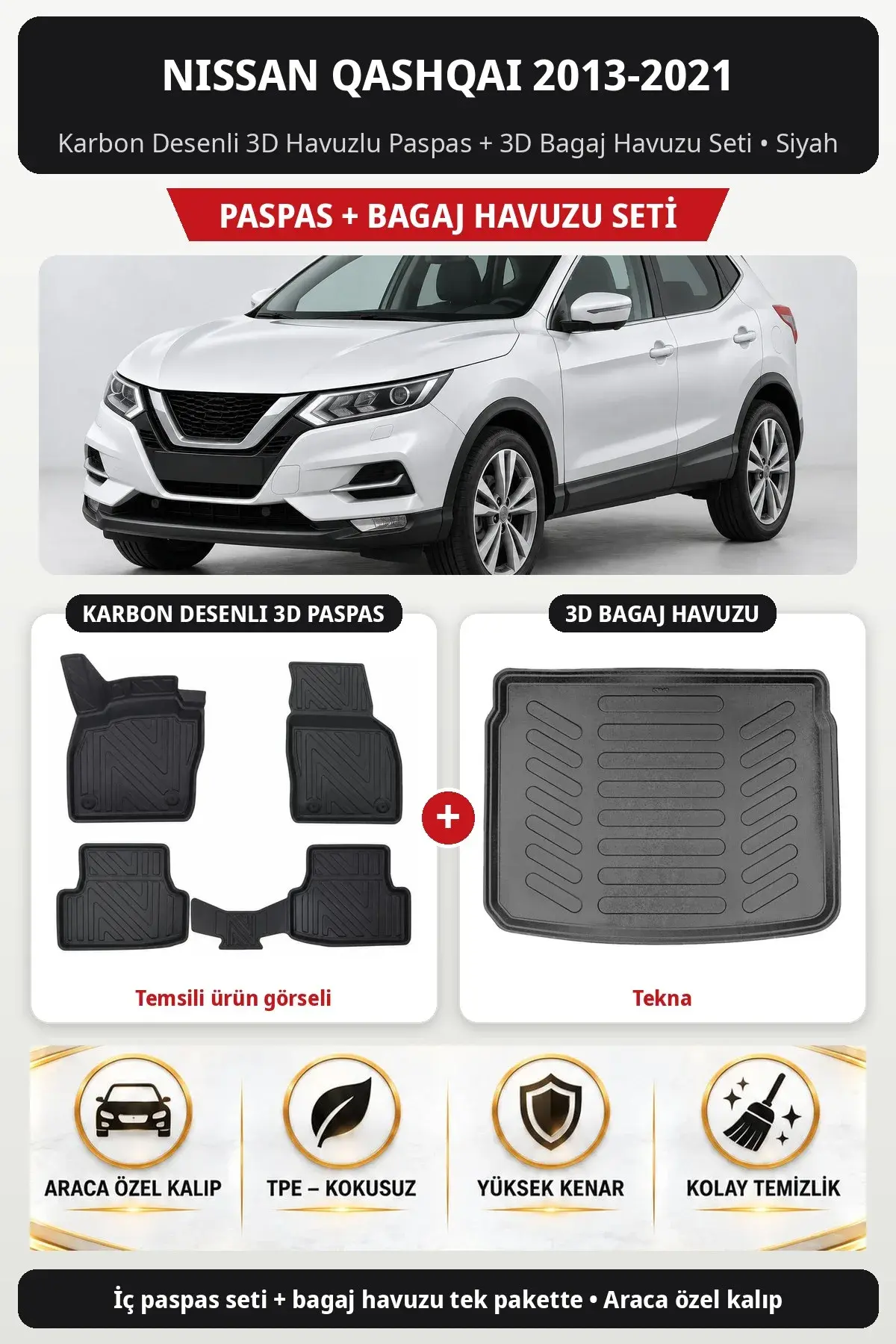 Nissan Qashqai 2013-2021 Karbon Desenli 3D Havuzlu Paspas + 3D Bagaj Havuzu Seti (Tekna) Siyah (1)
