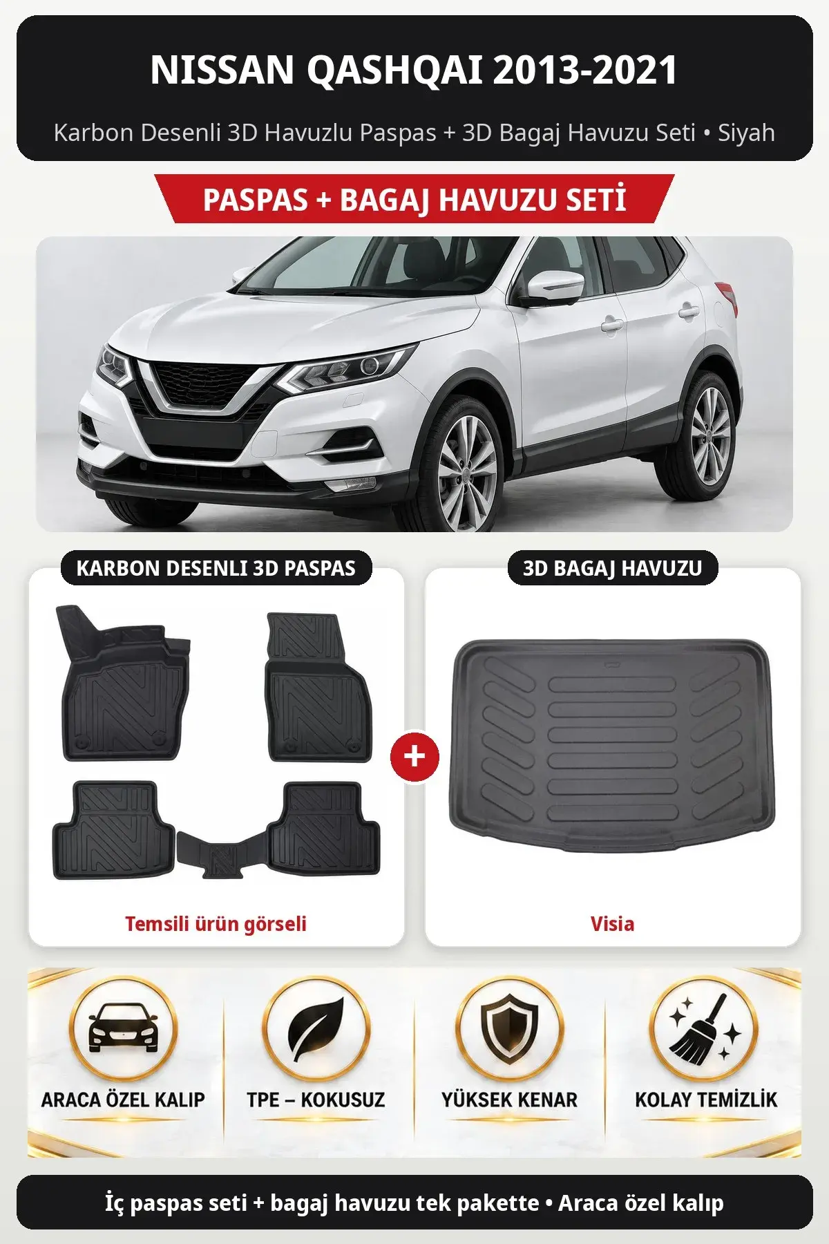 Nissan Qashqai 2013-2021 Karbon Desenli 3D Havuzlu Paspas + 3D Bagaj Havuzu Seti (Visia) Siyah (1)