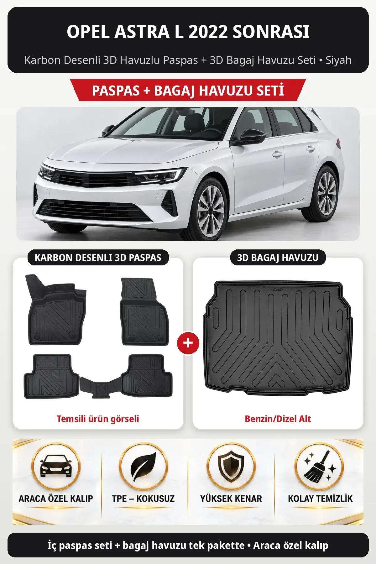 Opel Astra L 2022 Sonrası Karbon Desenli 3D Paspas + Bagaj Havuzu Seti (Benzin/Dizel Üst) Siyah (1)