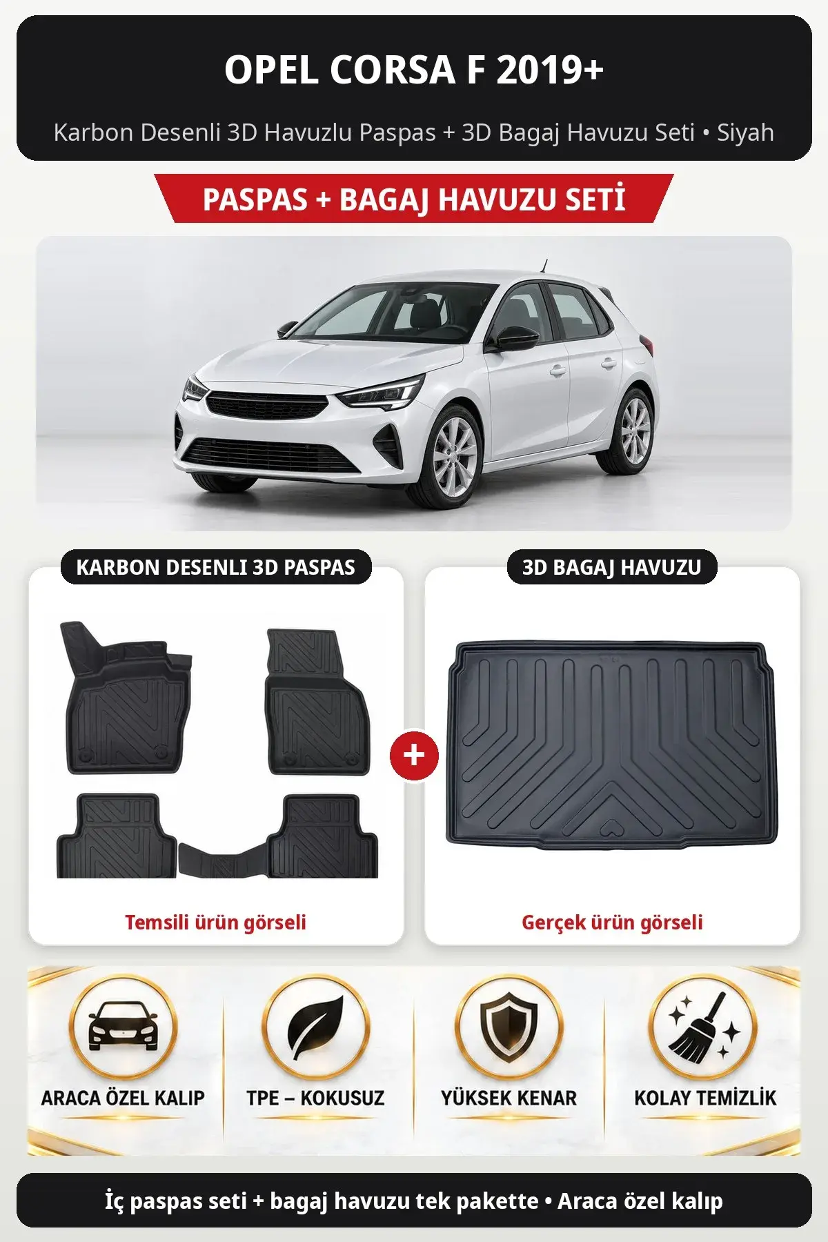 Opel Corsa F 2019+ Karbon Desenli 3D Havuzlu Paspas + 3D Bagaj Havuzu Seti Siyah (1)