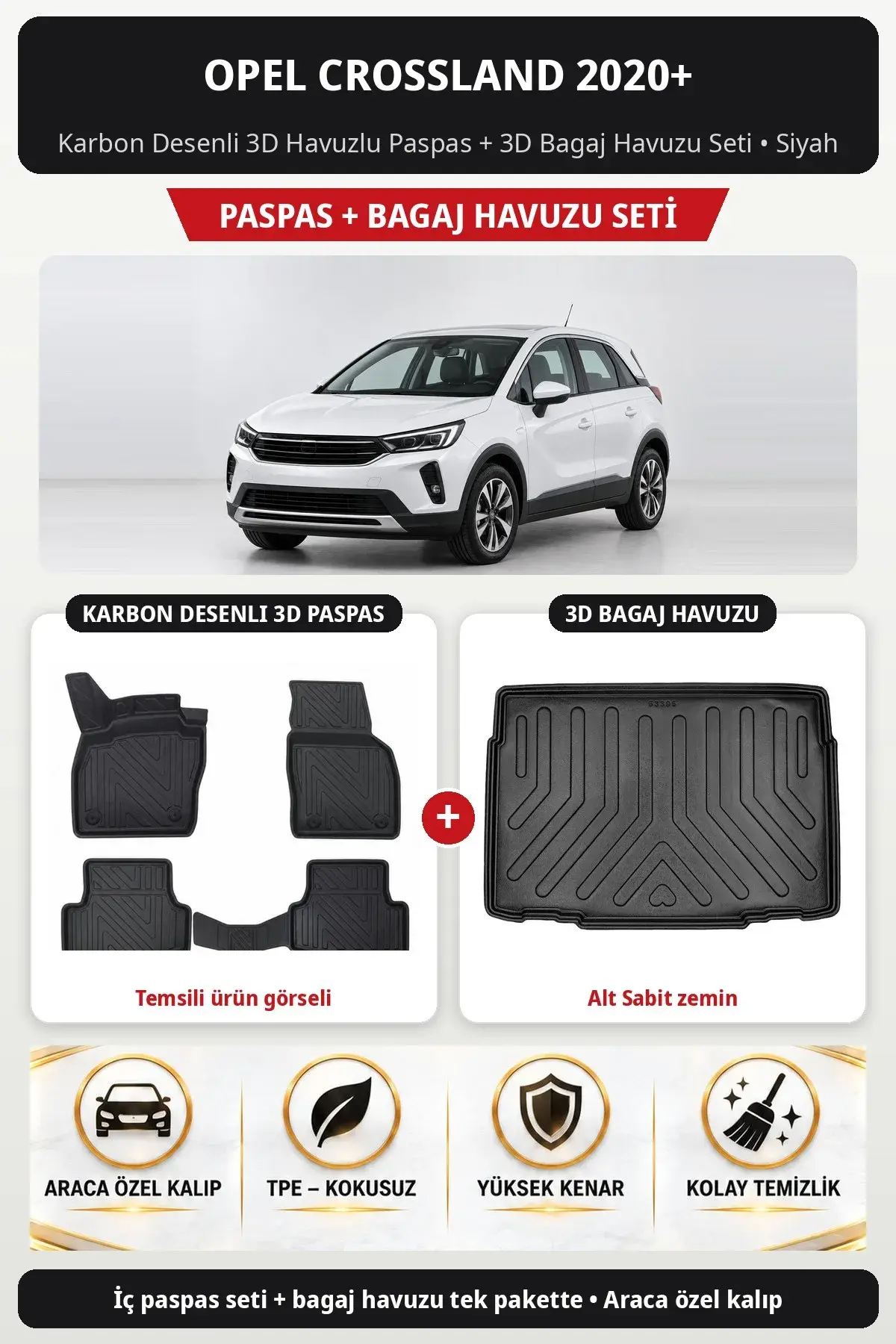Opel Crossland 2020+ Karbon Desenli 3D Havuzlu Paspas + 3D Bagaj Havuzu Seti (Alt Sabit zemin) Siyah (1)
