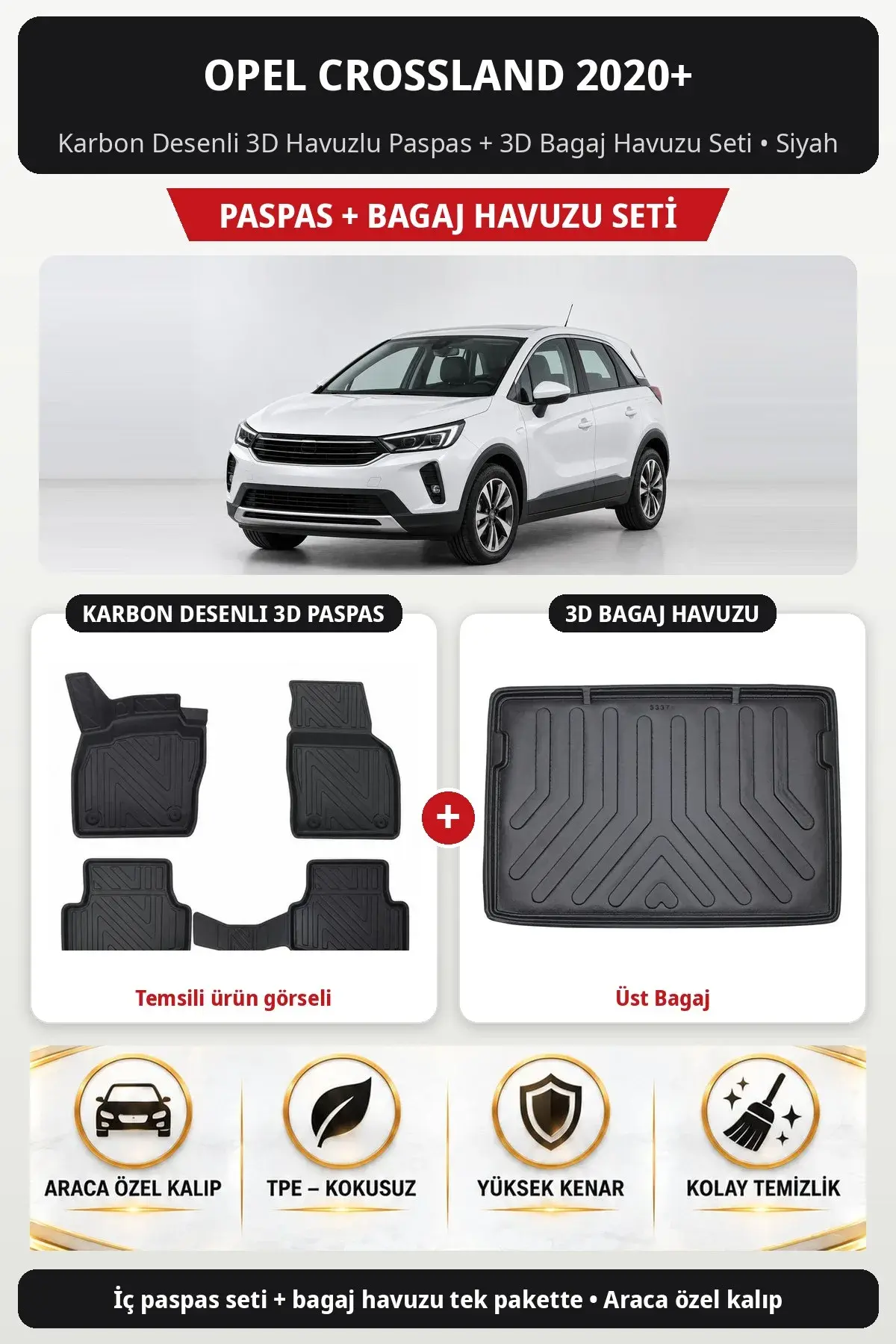 Opel Crossland 2020+ Karbon Desenli 3D Havuzlu Paspas + 3D Bagaj Havuzu Seti (Üst Bagaj) Siyah (1)