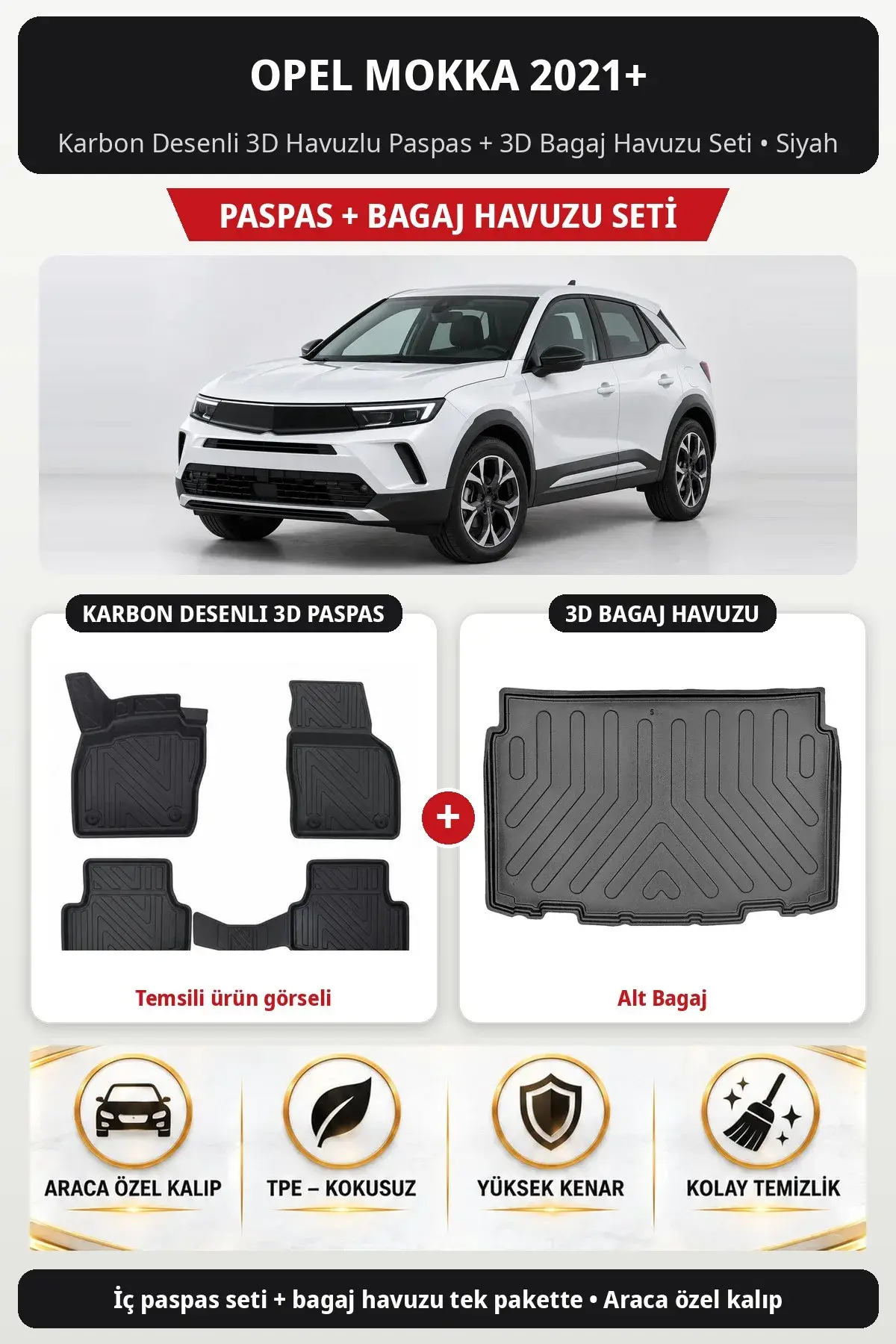 Opel Mokka 2021+ Karbon Desenli 3D Havuzlu Paspas + 3D Bagaj Havuzu Seti (Alt Bagaj) Siyah (1)