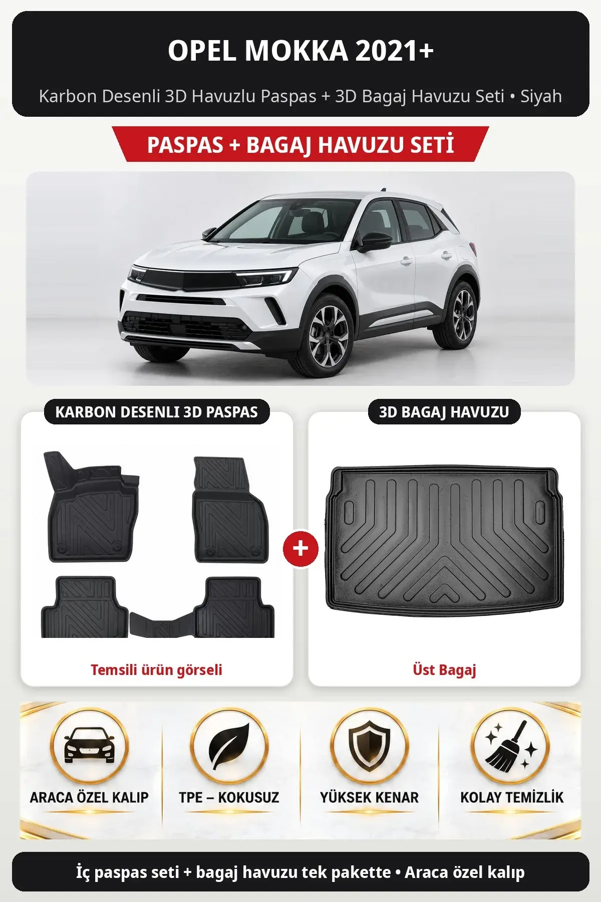 Opel Mokka 2021+ Karbon Desenli 3D Havuzlu Paspas + 3D Bagaj Havuzu Seti (Üst Bagaj) Siyah (1)