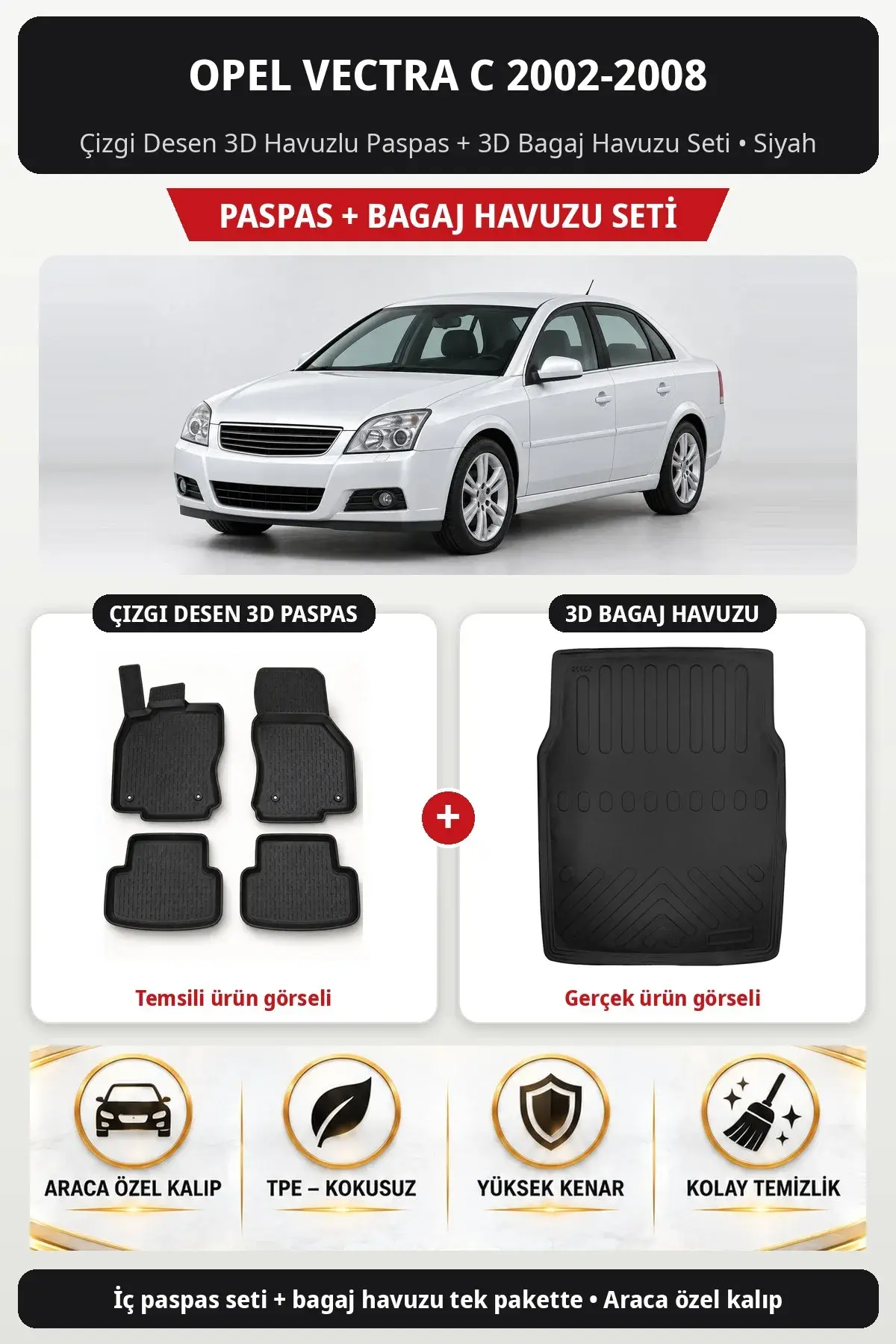 Opel Vectra C 2002-2008 Çizgi Desen 3D Havuzlu Paspas + 3D Bagaj Havuzu Seti Siyah (1)