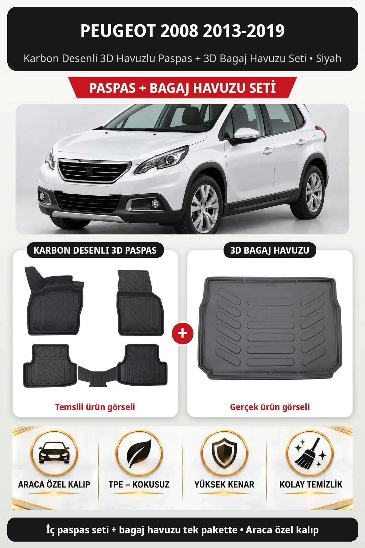 Peugeot 2008 2013-2019 Karbon Desenli 3D Havuzlu Paspas + 3D Bagaj Havuzu Seti Siyah (1)