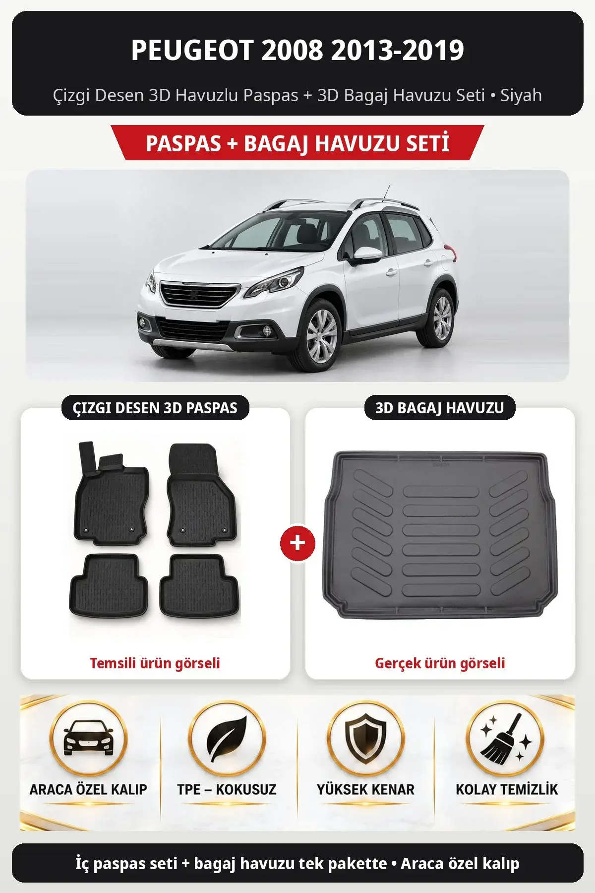 Peugeot 2008 2013-2019 Çizgi Desen 3D Havuzlu Paspas + 3D Bagaj Havuzu Seti Siyah (1)
