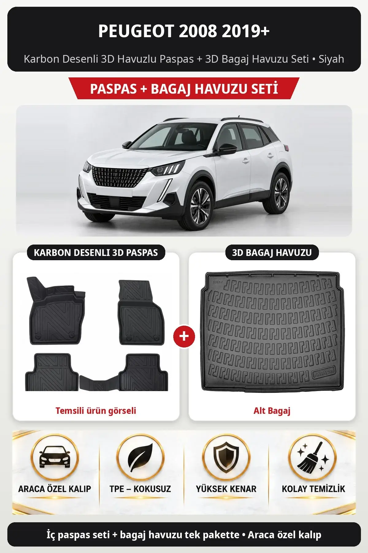 Peugeot 2008 2019+ Karbon Desenli 3D Havuzlu Paspas + 3D Bagaj Havuzu Seti (Alt Bagaj) Siyah (1)