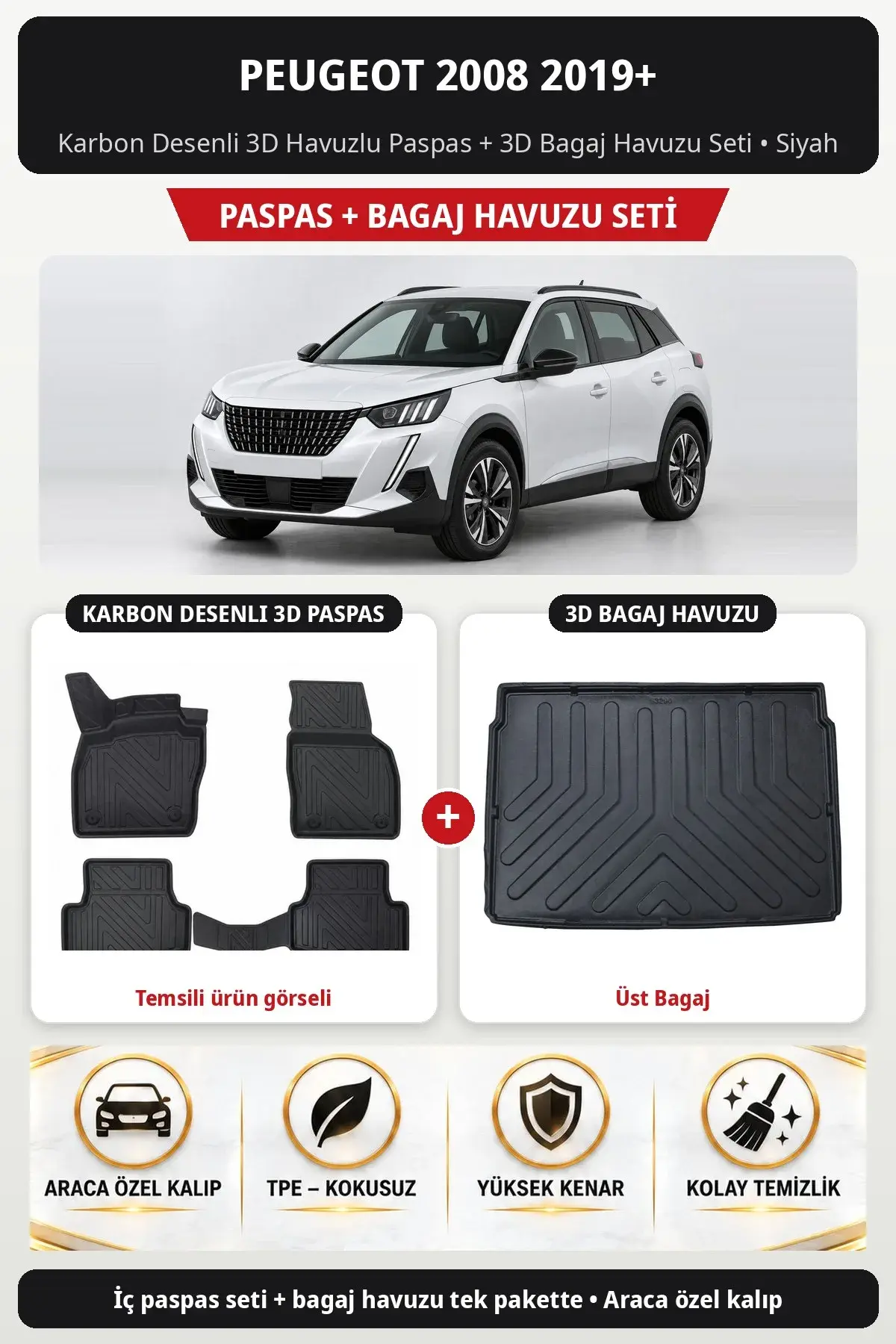 Peugeot 2008 2019+ Karbon Desenli 3D Havuzlu Paspas + 3D Bagaj Havuzu Seti (Üst Bagaj) Siyah (1)