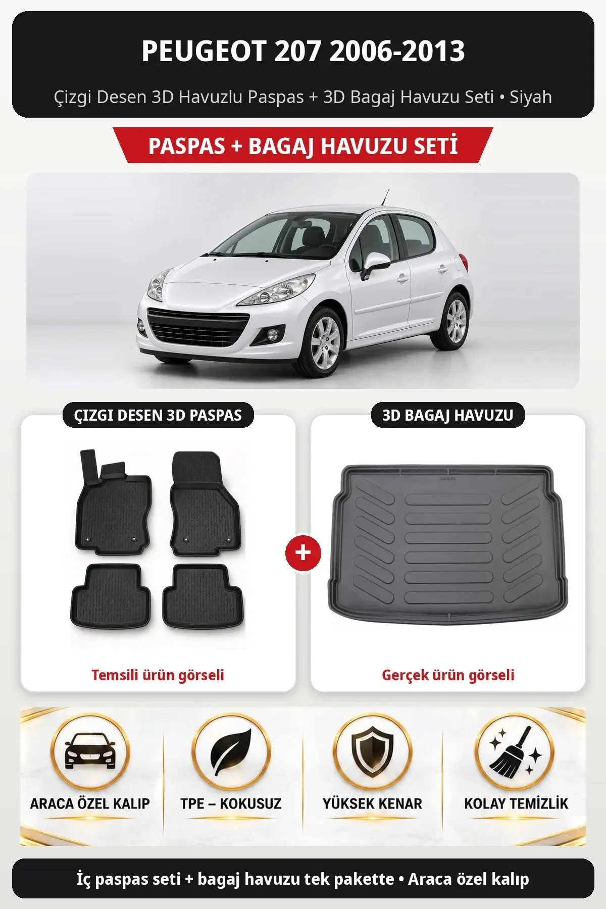 Peugeot 207 2006-2013 Çizgi Desen 3D Havuzlu Paspas + 3D Bagaj Havuzu Seti Siyah (1)