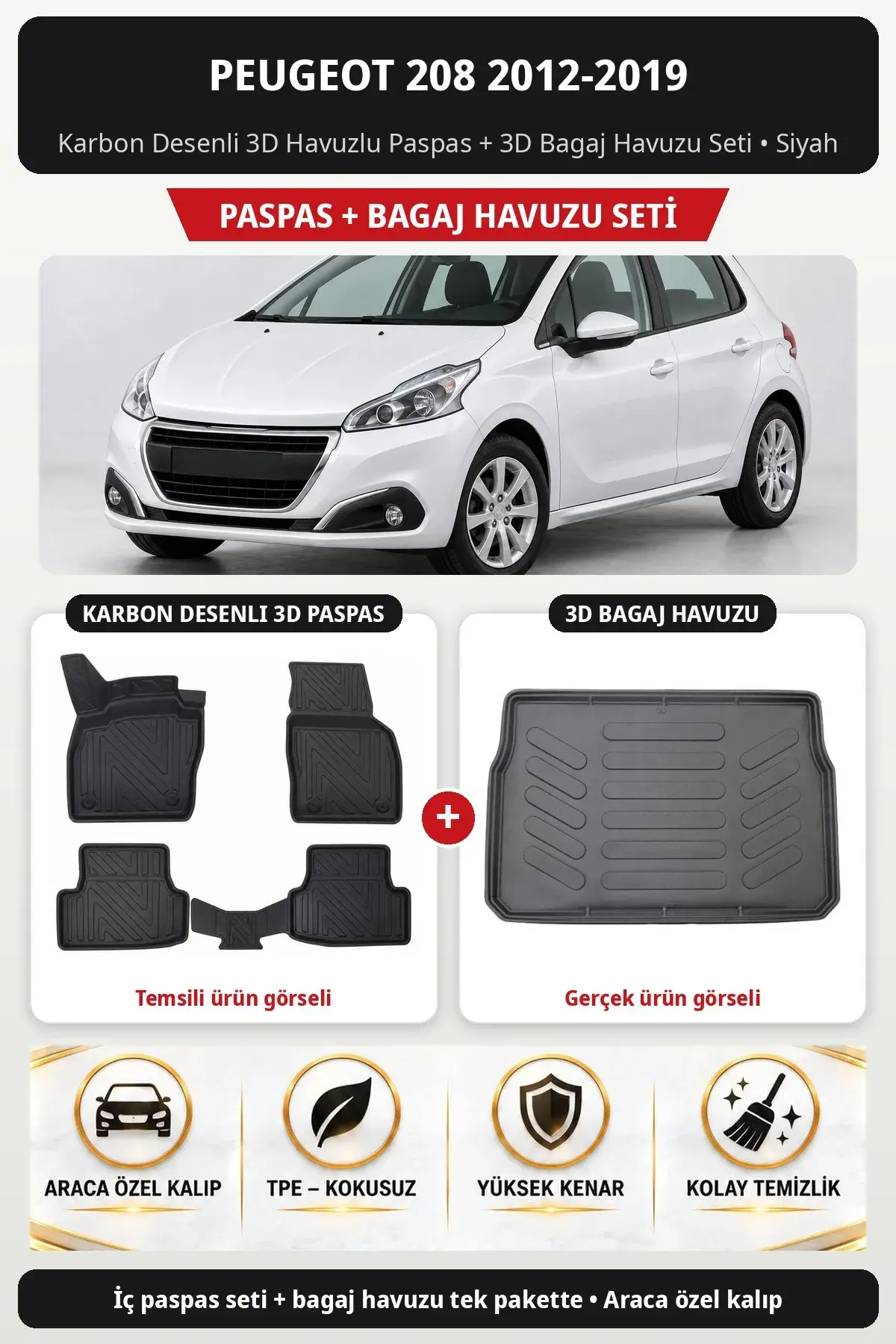 Peugeot 208 2012-2019 Karbon Desenli 3D Havuzlu Paspas + 3D Bagaj Havuzu Seti Siyah (1)