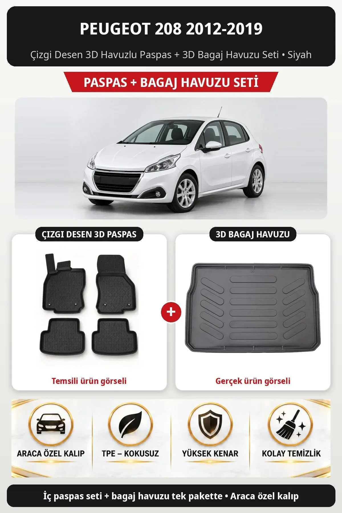Peugeot 208 2012-2019 Çizgi Desen 3D Havuzlu Paspas + 3D Bagaj Havuzu Seti Siyah (1)