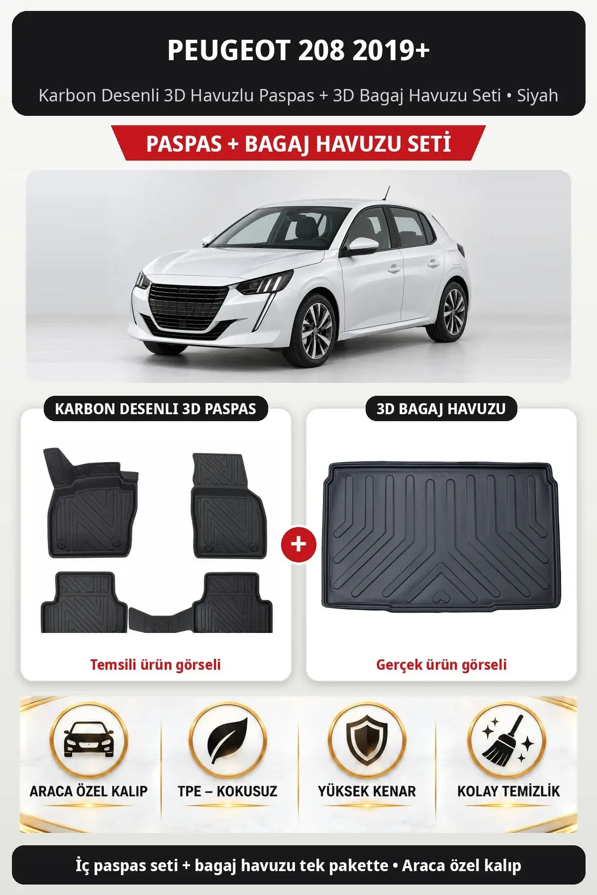 Peugeot 208 2019+ Karbon Desenli 3D Havuzlu Paspas + 3D Bagaj Havuzu Seti Siyah (1)