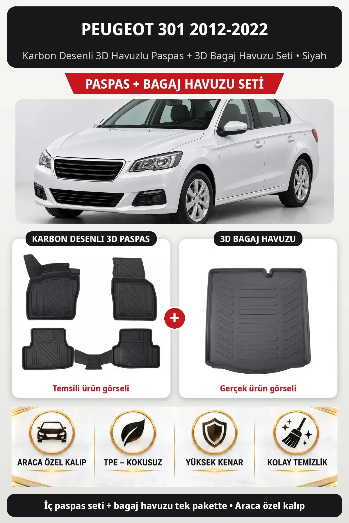 Peugeot 301 2012-2022 Karbon Desenli 3D Havuzlu Paspas + 3D Bagaj Havuzu Seti Siyah (1)