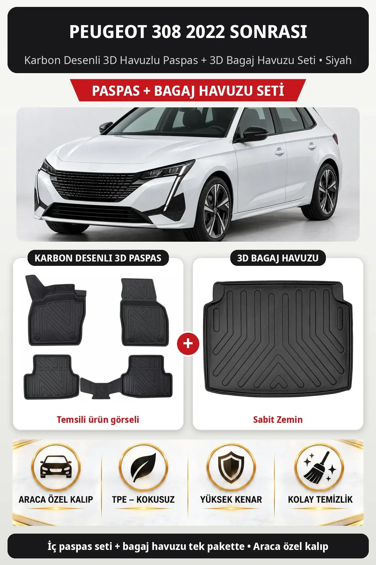 Peugeot 308 2022 Sonrası Karbon Desenli 3D Havuzlu Paspas + 3D Bagaj Havuzu Seti (Sabit Zemin) Siyah (1)