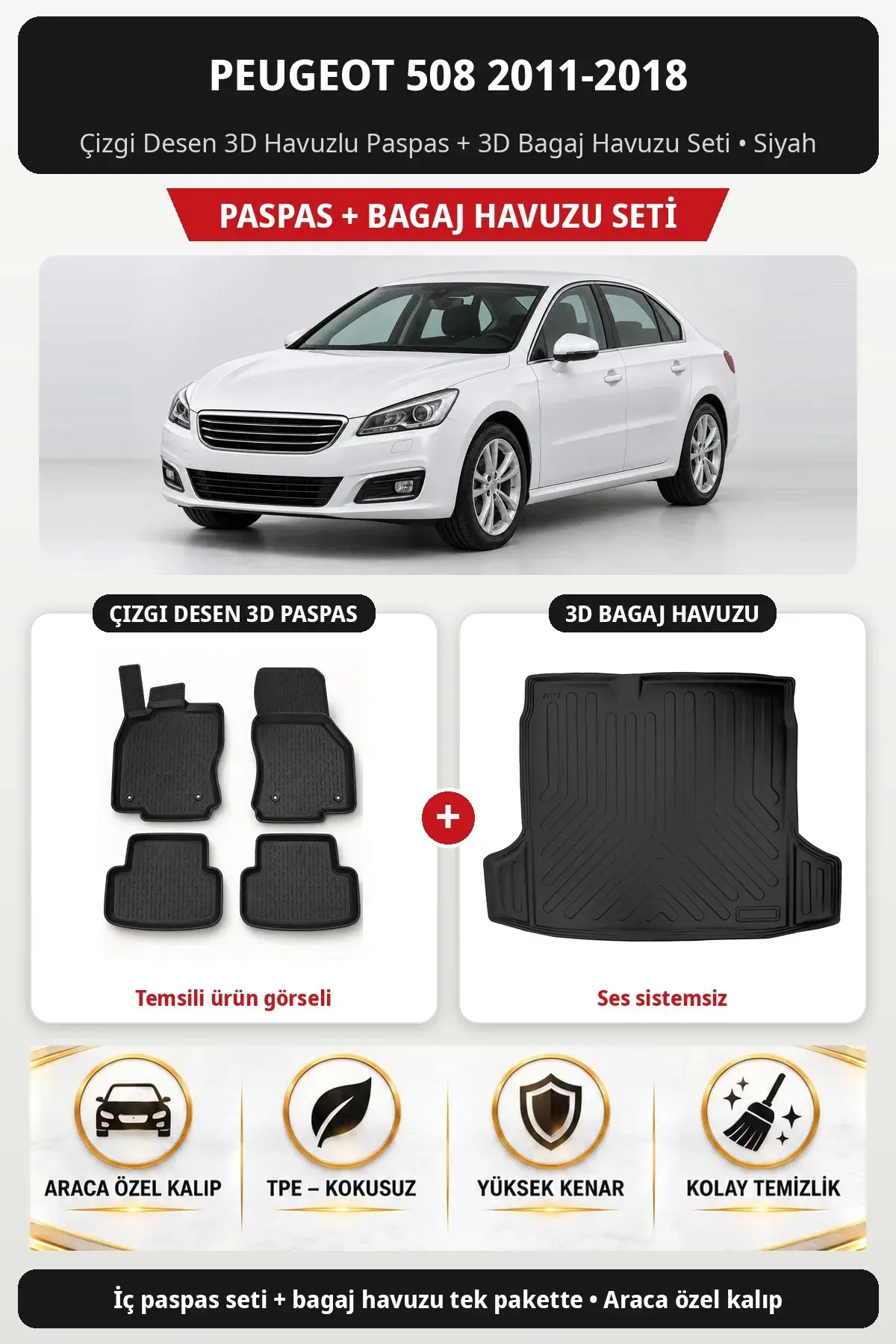 Peugeot 508 2011-2018 Çizgi Desen 3D Havuzlu Paspas + 3D Bagaj Havuzu Seti (Ses sistemsiz) Siyah (1)