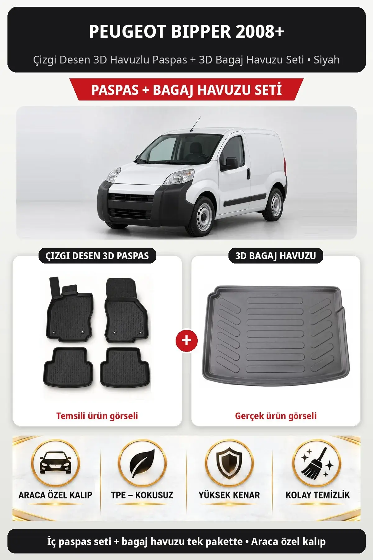 Peugeot Bipper 2008+ Çizgi Desen 3D Havuzlu Paspas + 3D Bagaj Havuzu Seti Siyah (1)