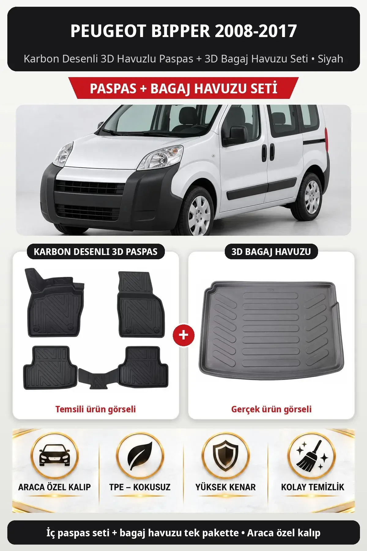 Peugeot Bipper 2008-2017 Karbon Desenli 3D Havuzlu Paspas + 3D Bagaj Havuzu Seti Siyah (1)