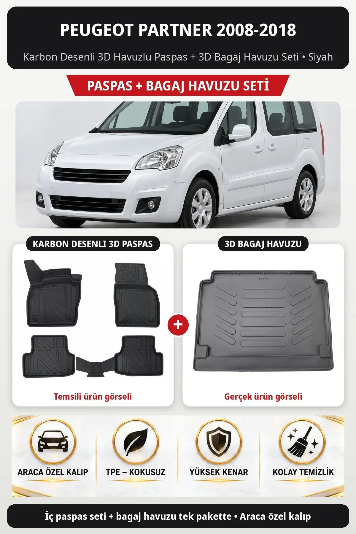 Peugeot Partner 2008-2018 Karbon Desenli 3D Havuzlu Paspas + 3D Bagaj Havuzu Seti Siyah (1)