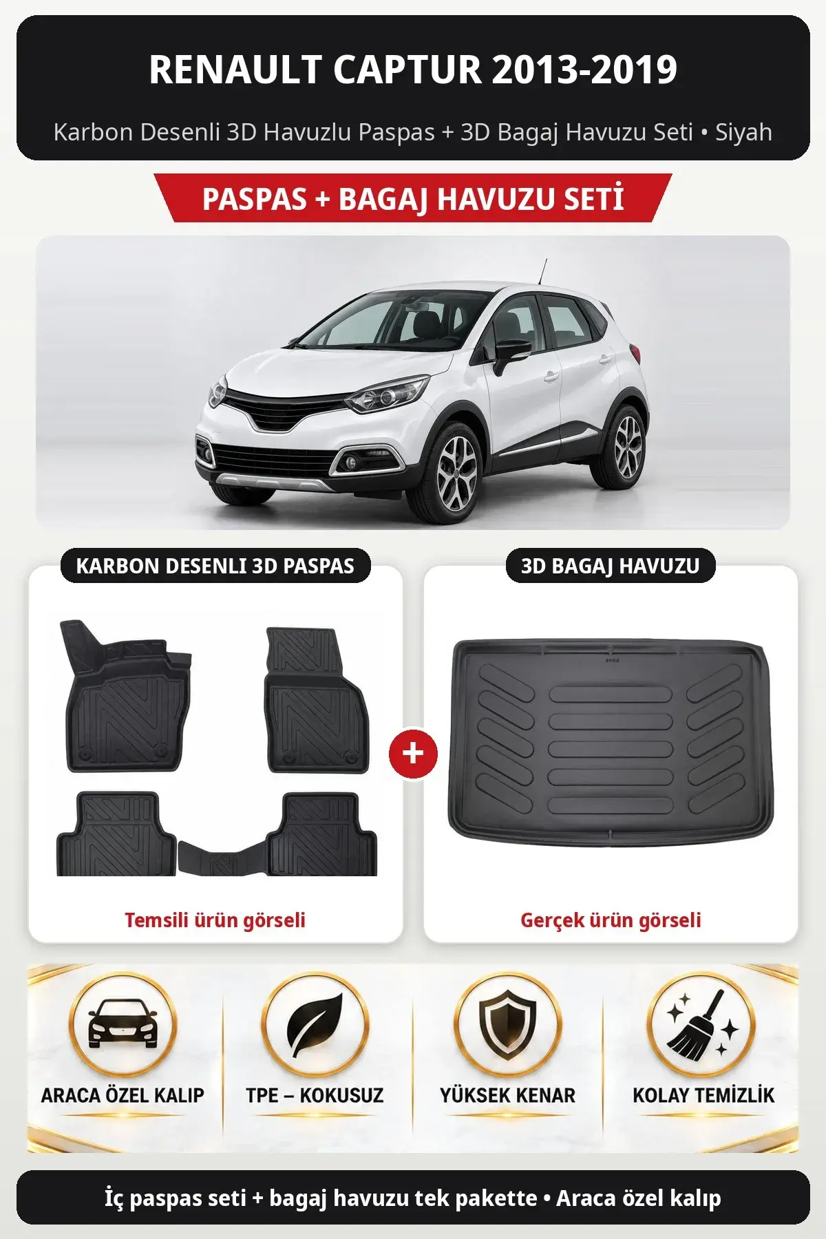 Renault Captur 2013-2019 Karbon Desenli 3D Havuzlu Paspas + 3D Bagaj Havuzu Seti Siyah (1)