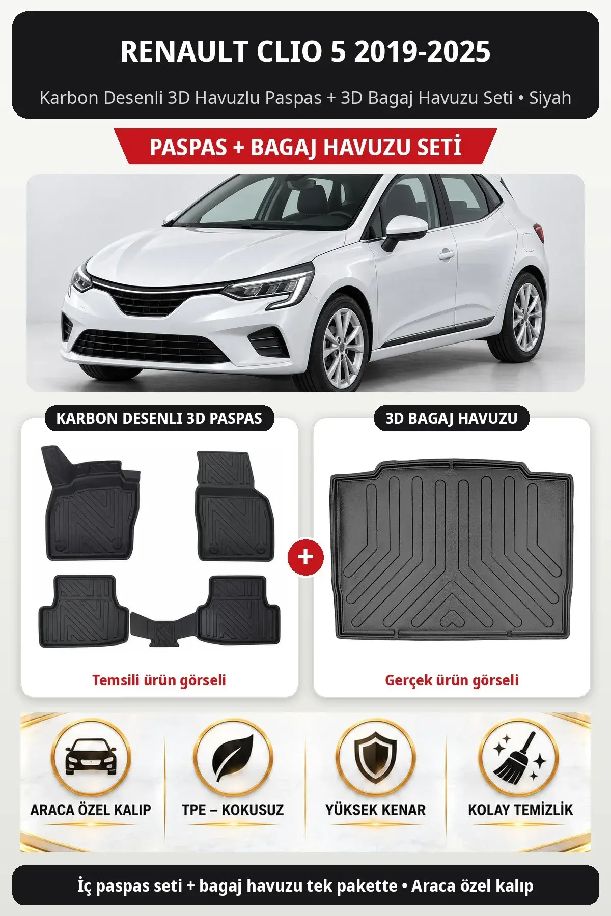 Renault Clio 5 2019-2025 Karbon Desenli 3D Havuzlu Paspas + 3D Bagaj Havuzu Seti Siyah (1)