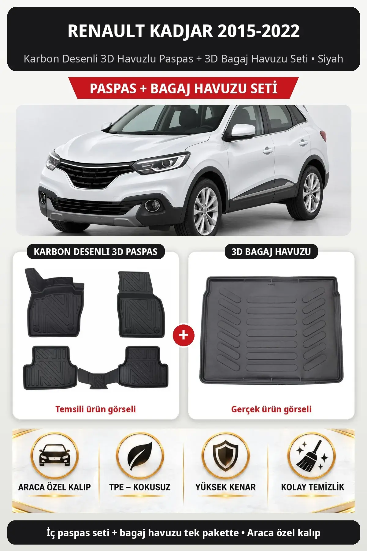 Renault Kadjar 2015-2022 Karbon Desenli 3D Havuzlu Paspas + 3D Bagaj Havuzu Seti Siyah (1)