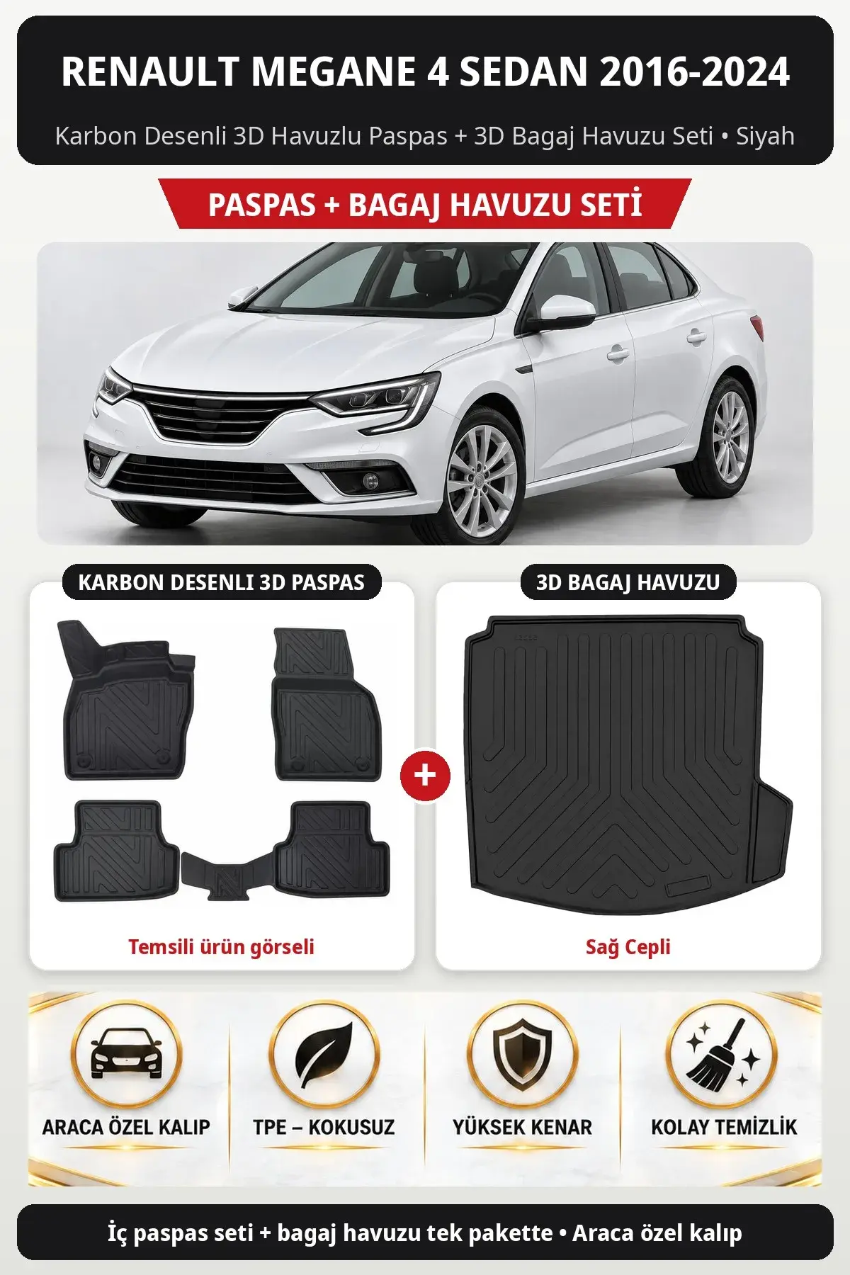 Renault Megane 4 Sedan 2016-2024 Karbon Desenli 3D Paspas + Bagaj Havuzu Seti (Sağ Cepli) Siyah (1)