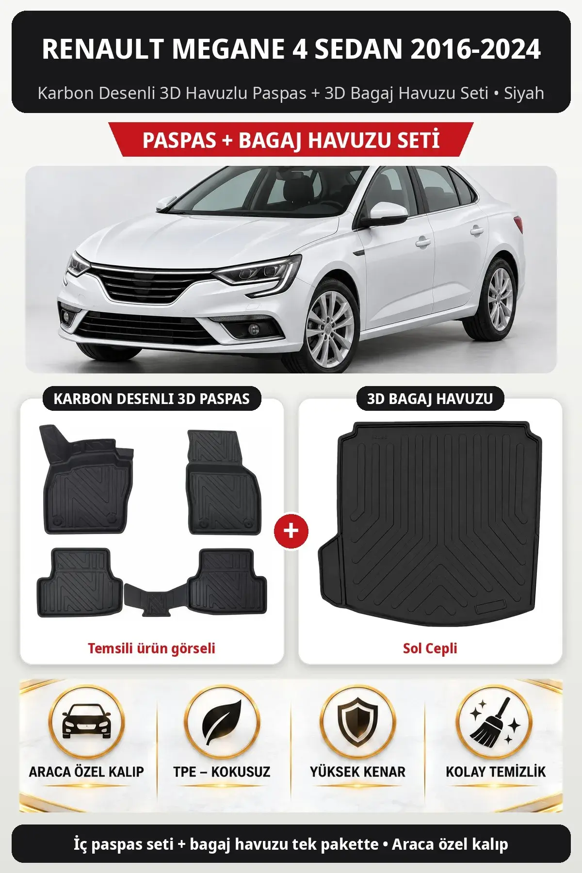 Renault Megane 4 Sedan 2016-2024 Karbon Desenli 3D Paspas + Bagaj Havuzu Seti (Sol Cepli) Siyah (1)