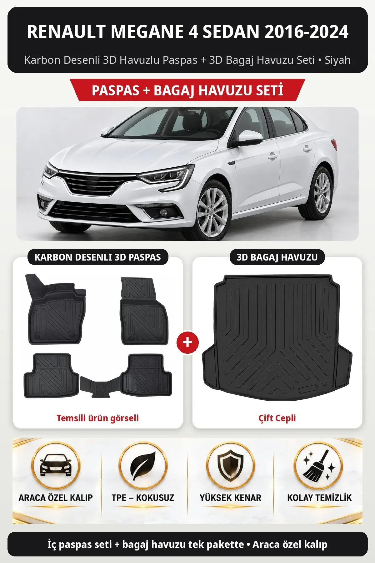 Renault Megane 4 Sedan 2016-2024 Karbon Desenli 3D Paspas + Bagaj Havuzu Seti (Çift Cepli) Siyah (1)