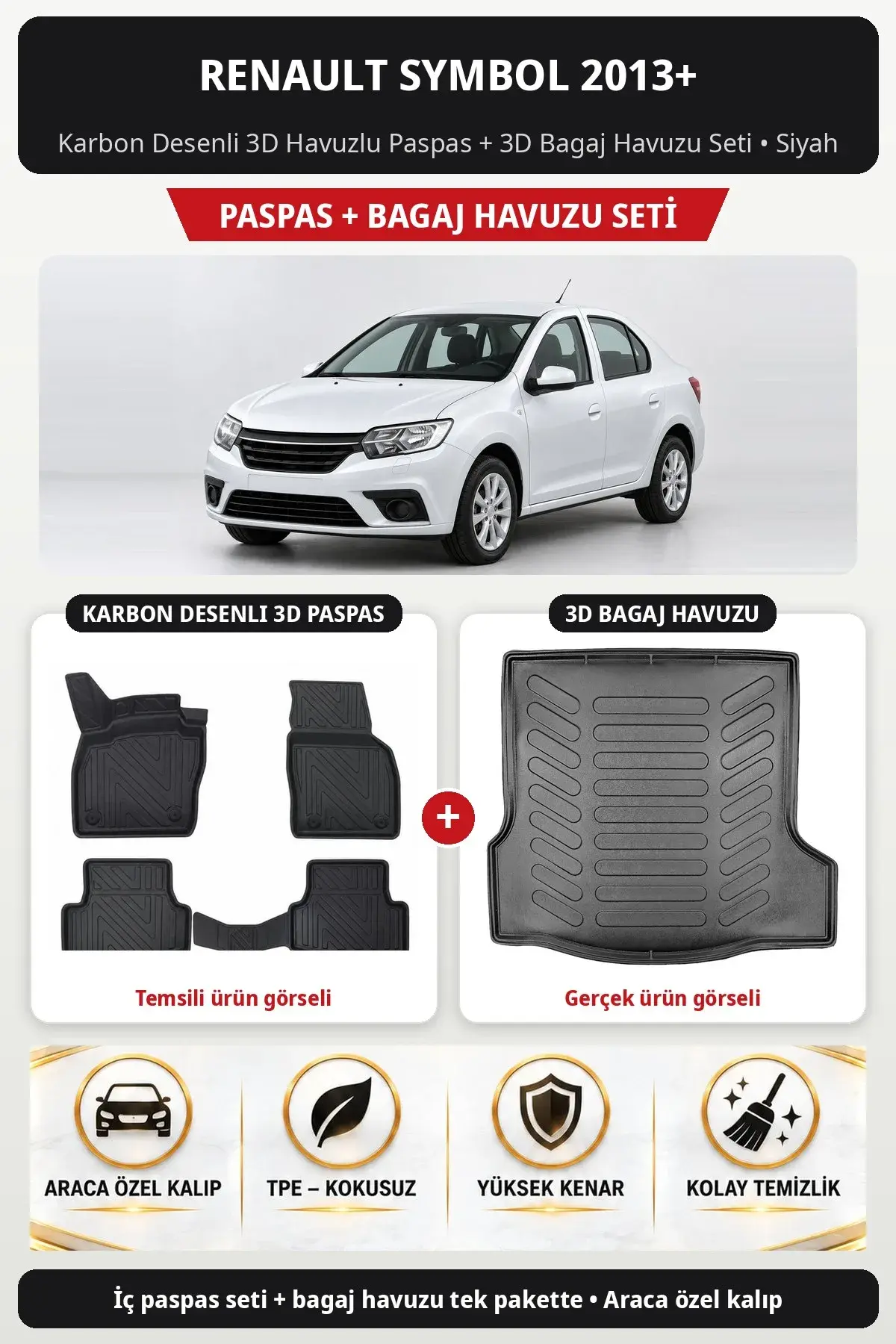 Renault Symbol 2013+ Karbon Desenli 3D Havuzlu Paspas + 3D Bagaj Havuzu Seti Siyah (1)