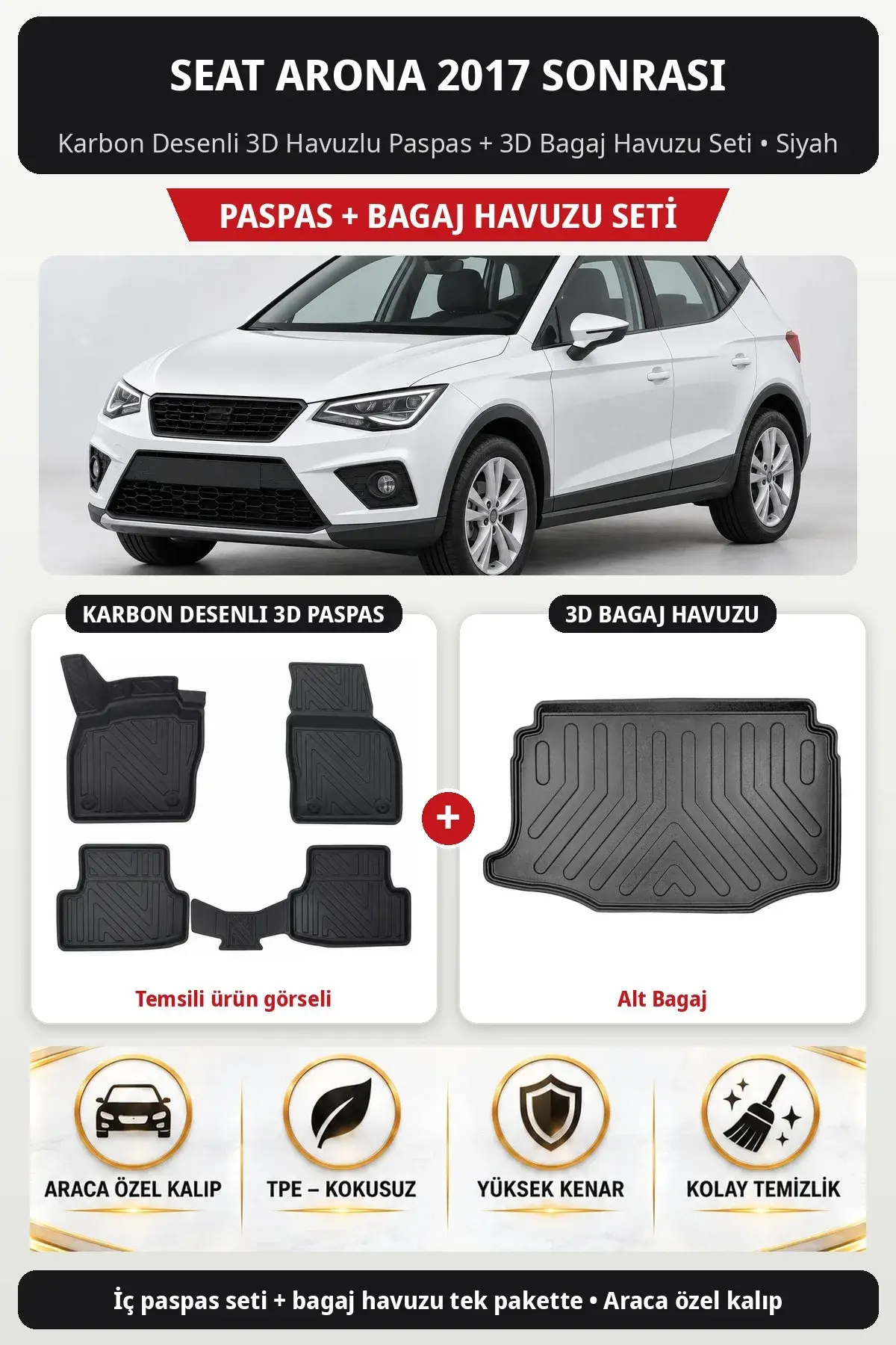 Seat Arona 2017 Sonrası Karbon Desenli 3D Havuzlu Paspas + 3D Bagaj Havuzu Seti (Alt Bagaj) Siyah (1)