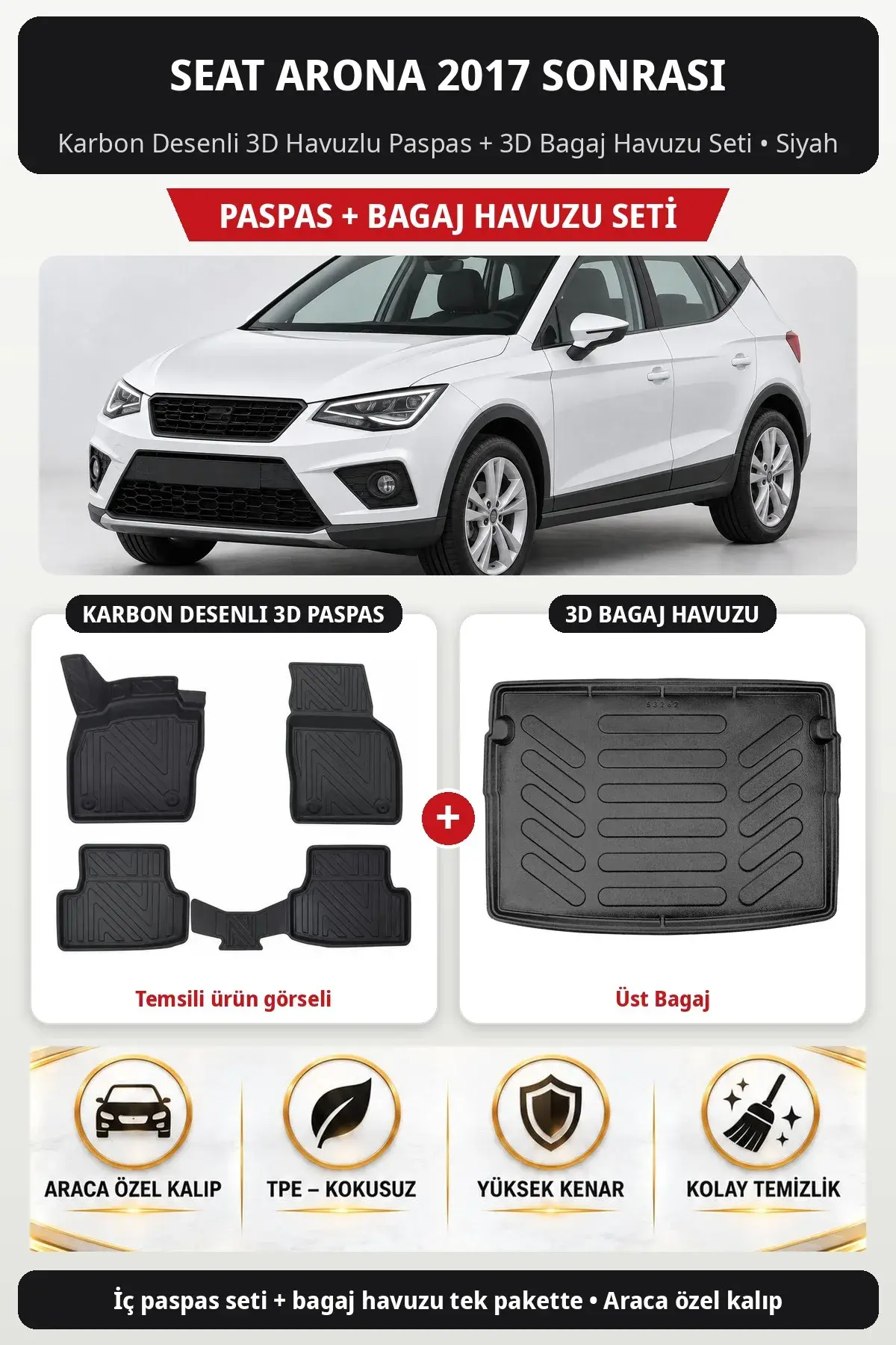 Seat Arona 2017 Sonrası Karbon Desenli 3D Havuzlu Paspas + 3D Bagaj Havuzu Seti (Üst Bagaj) Siyah (1)