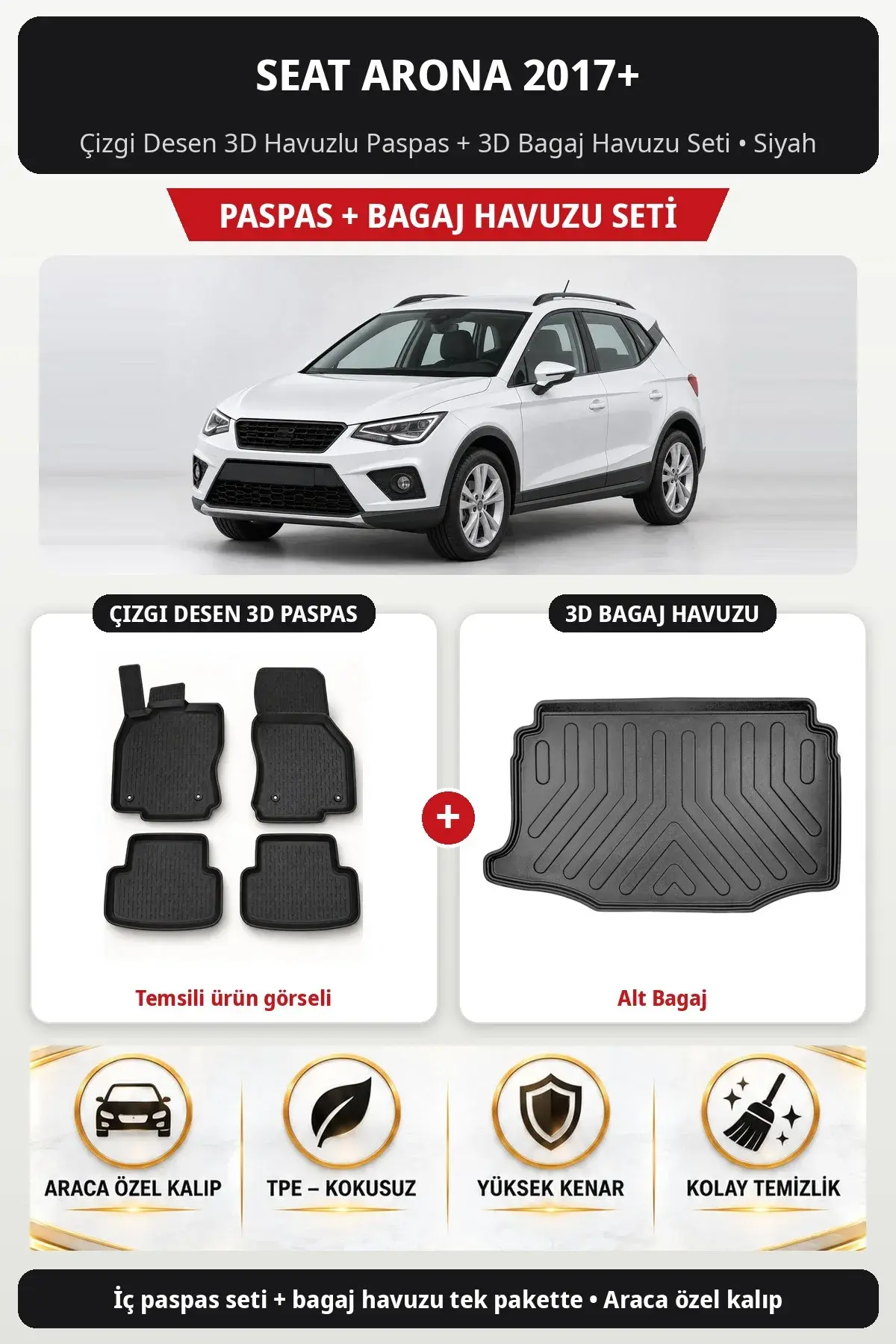 Seat Arona 2017+ Çizgi Desen 3D Havuzlu Paspas + 3D Bagaj Havuzu Seti (Alt Bagaj) Siyah (1)