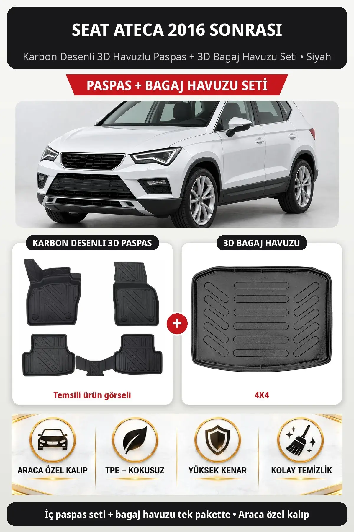 Seat Ateca 2016 Sonrası Karbon Desenli 3D Havuzlu Paspas + 3D Bagaj Havuzu Seti (4X4) Siyah (1)