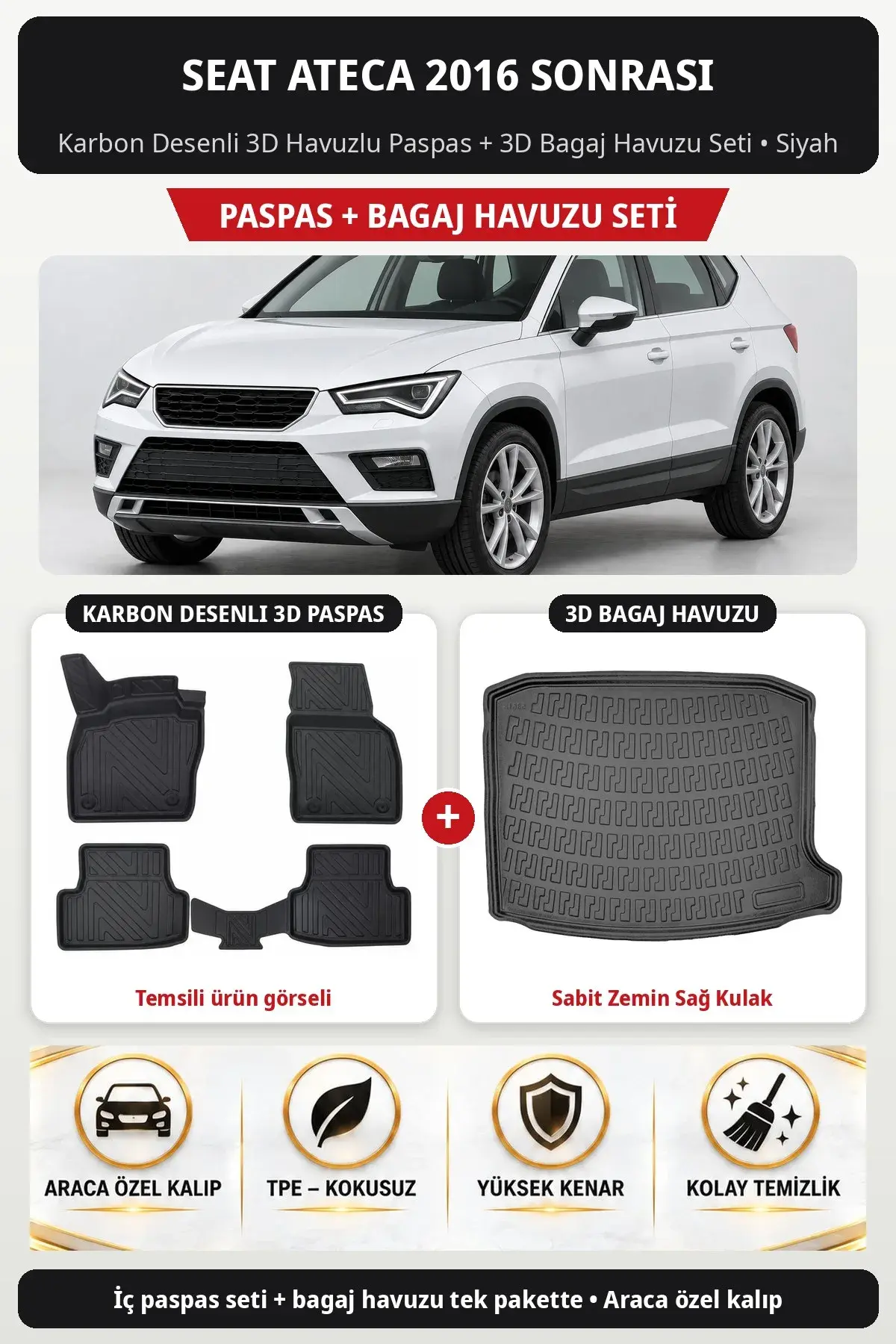 Seat Ateca 2016 Sonrası Karbon Desenli 3D Paspas + Bagaj Havuzu Seti (Sabit Zemin Sağ Kulak) Siyah (1)