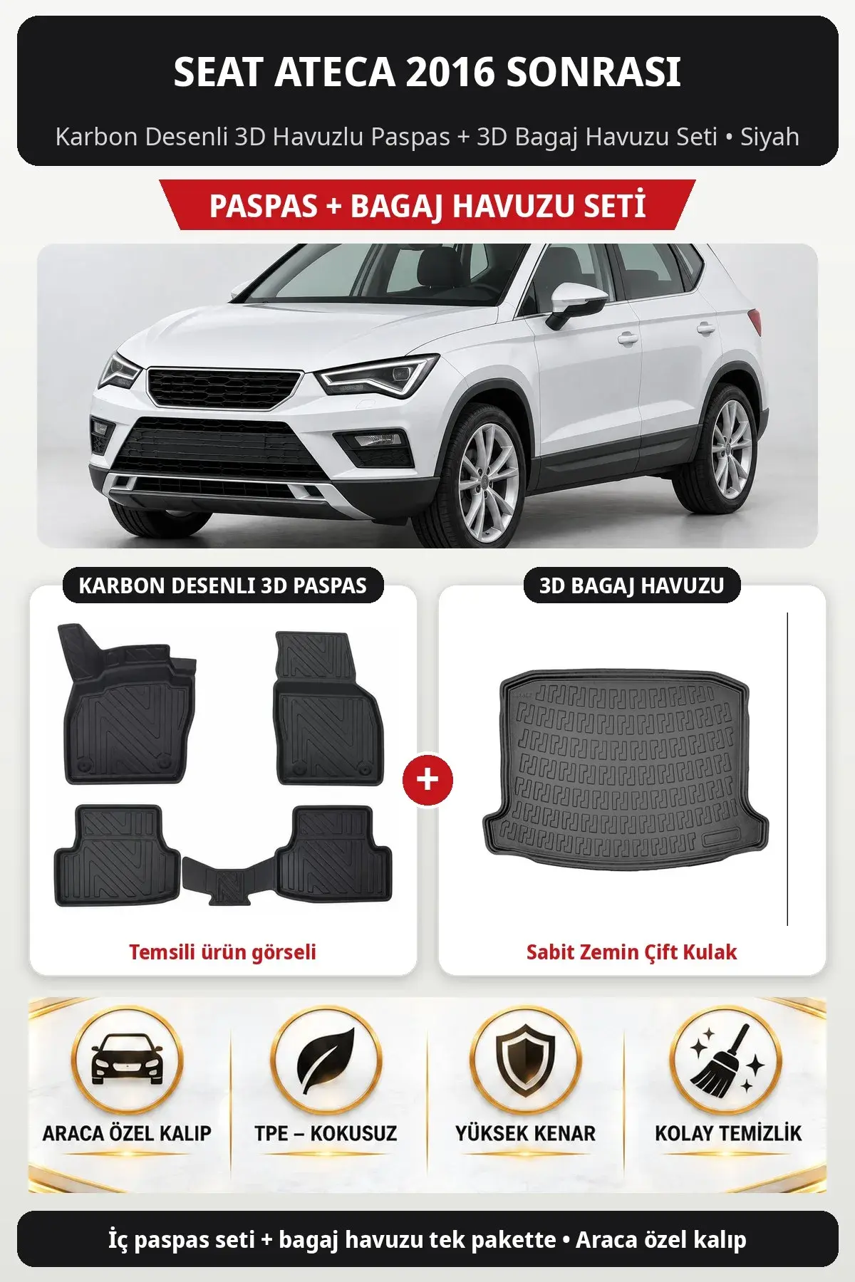 Seat Ateca 2016 Sonrası Karbon Desenli 3D Paspas + Bagaj Havuzu Seti (Sabit Zemin Çift Kulak) Siyah (1)
