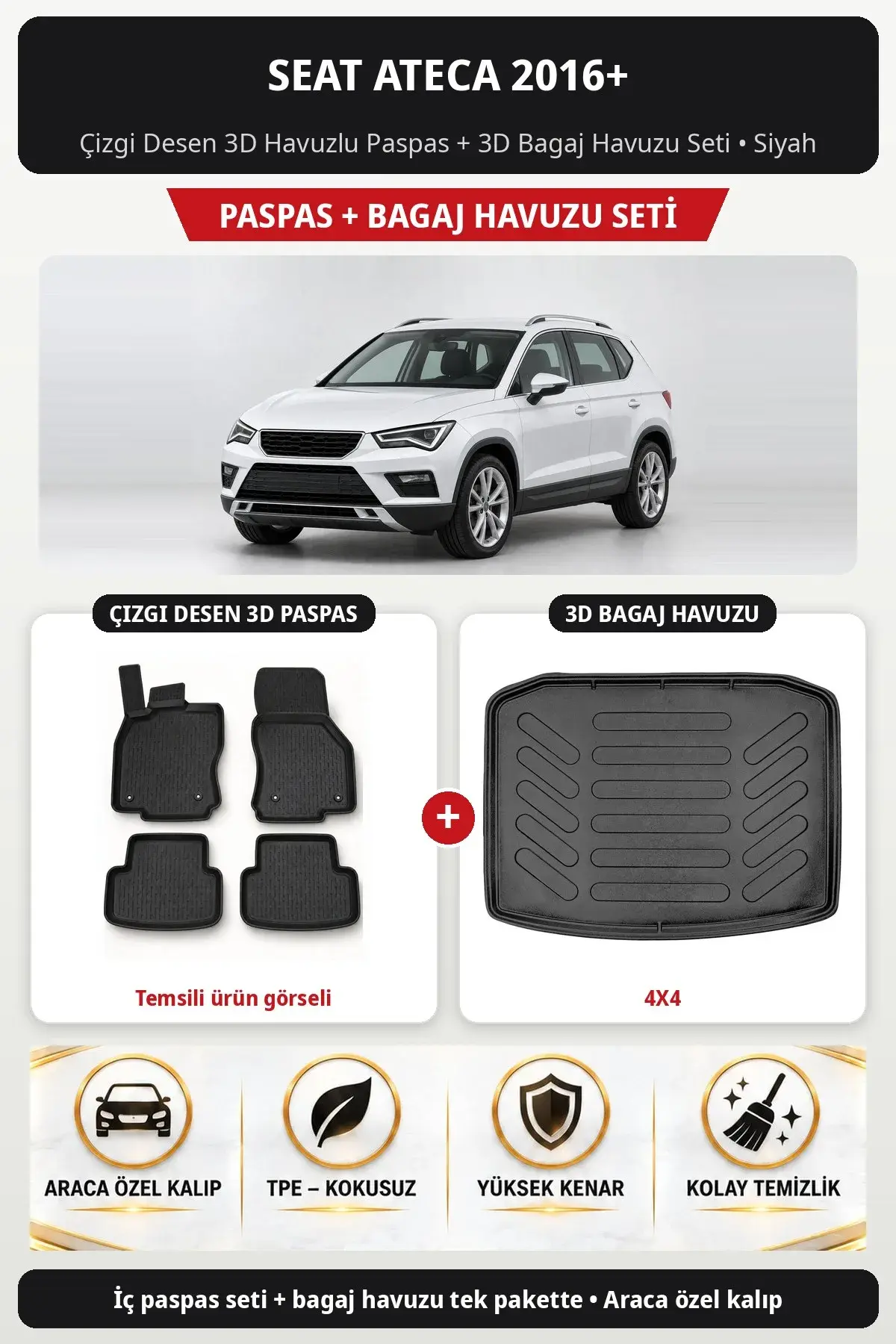 Seat Ateca 2016+ Çizgi Desen 3D Havuzlu Paspas + 3D Bagaj Havuzu Seti (4X4) Siyah (1)