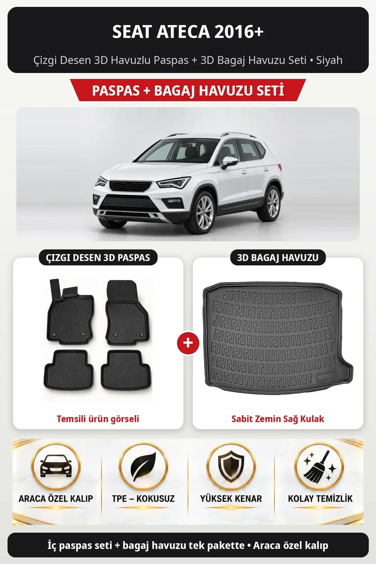 Seat Ateca 2016+ Çizgi Desen 3D Havuzlu Paspas + 3D Bagaj Havuzu Seti (Sabit Zemin Sağ Kulak) Siyah (1)