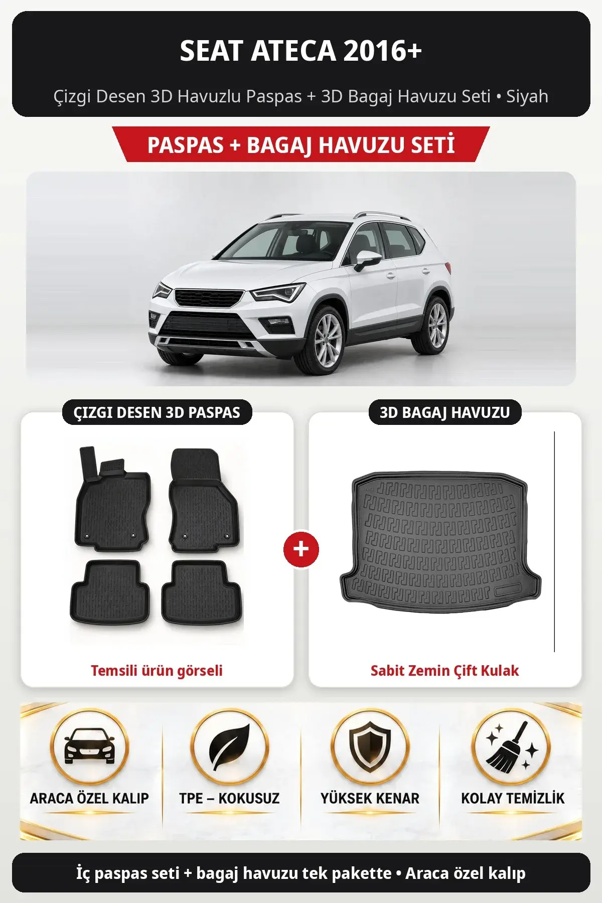 Seat Ateca 2016+ Çizgi Desen 3D Havuzlu Paspas + 3D Bagaj Havuzu Seti (Sabit Zemin Çift Kulak) Siyah (1)