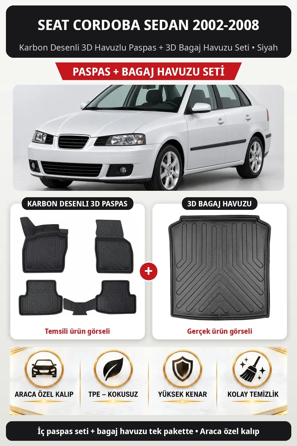 Seat Cordoba Sedan 2002-2008 Karbon Desenli 3D Havuzlu Paspas + 3D Bagaj Havuzu Seti Siyah (1)