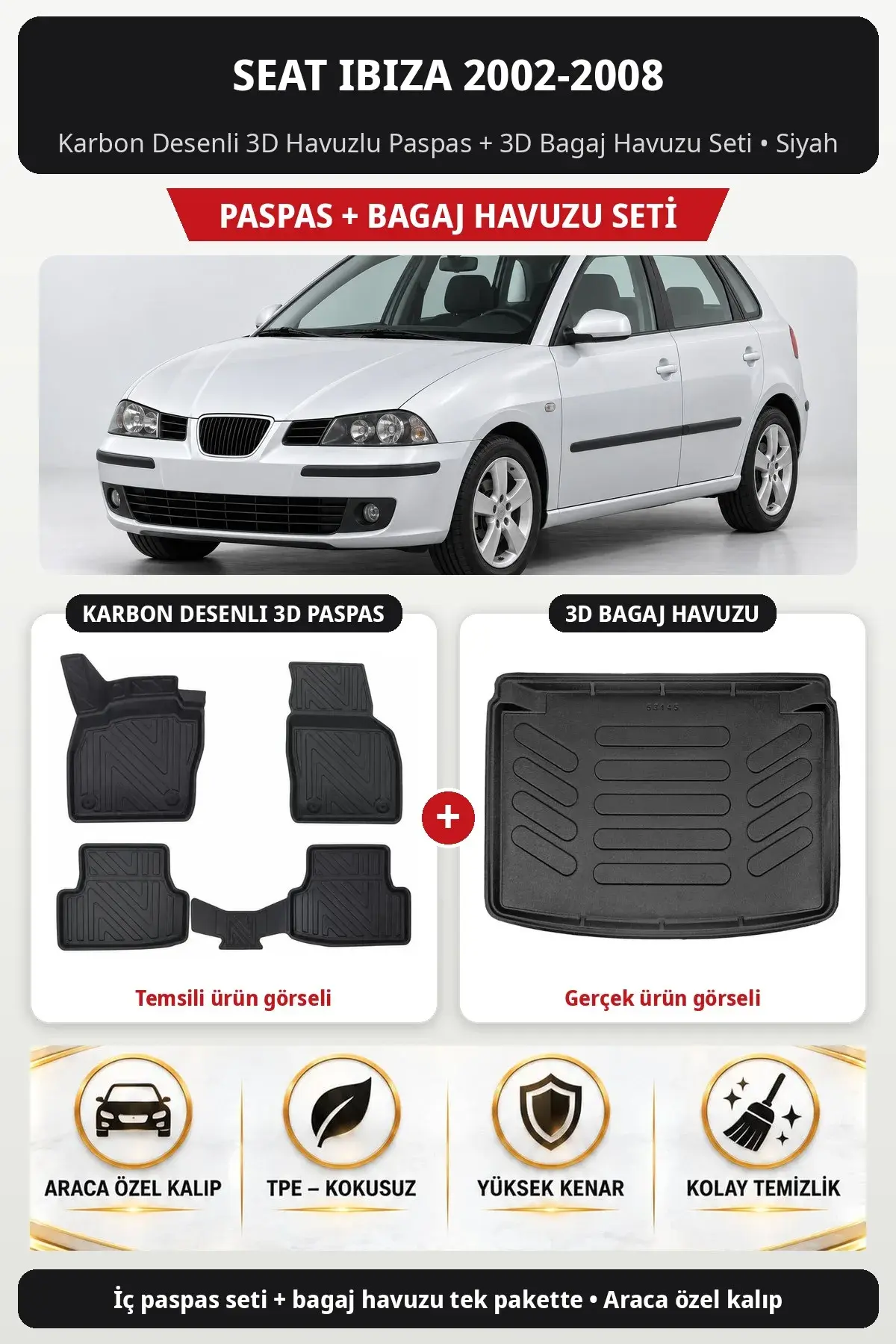 Seat Ibiza 2002-2008 Karbon Desenli 3D Havuzlu Paspas + 3D Bagaj Havuzu Seti Siyah (1)