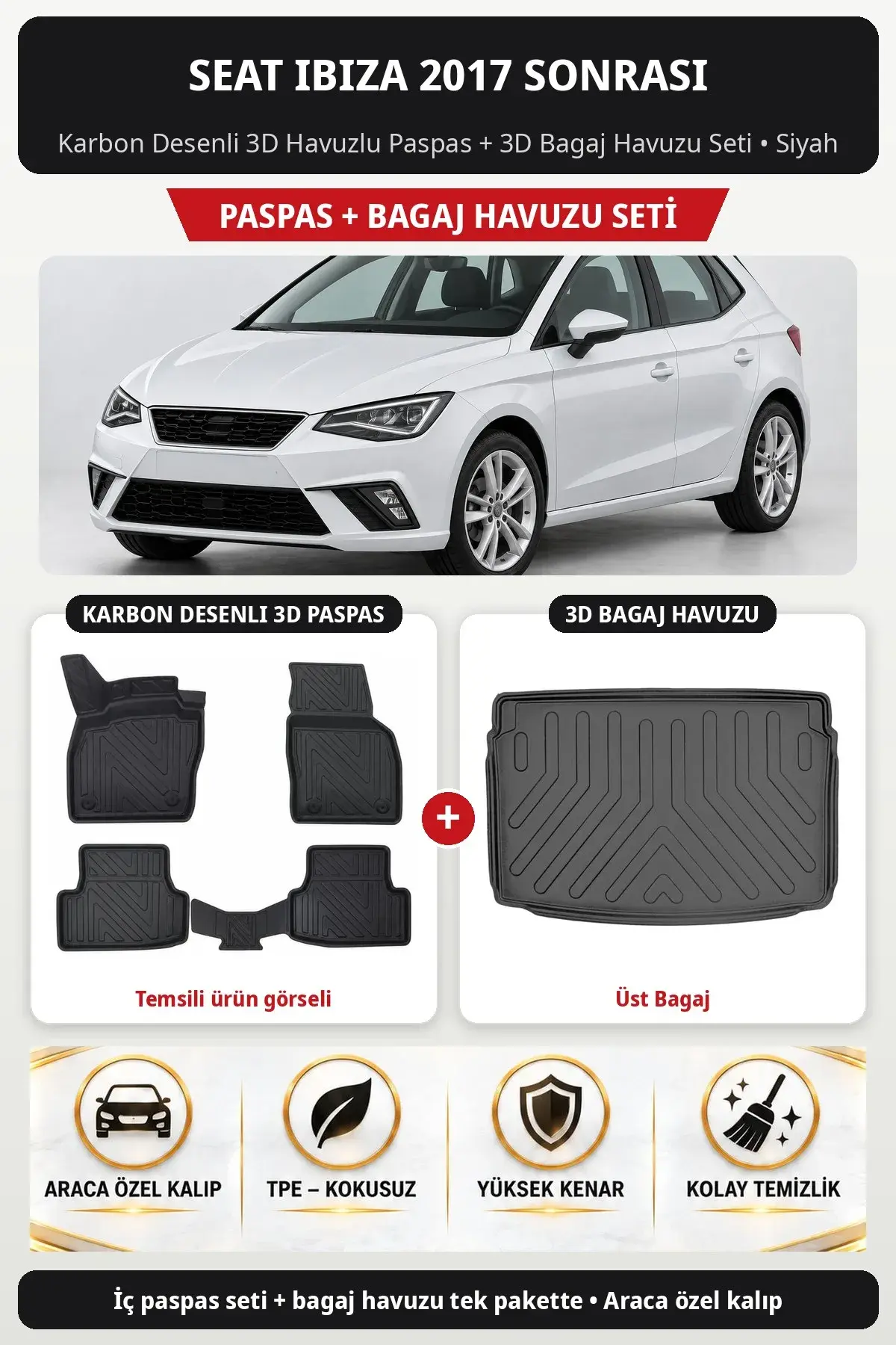 Seat Ibiza 2017 Sonrası Karbon Desenli 3D Havuzlu Paspas + 3D Bagaj Havuzu Seti (Üst Bagaj) Siyah (1)