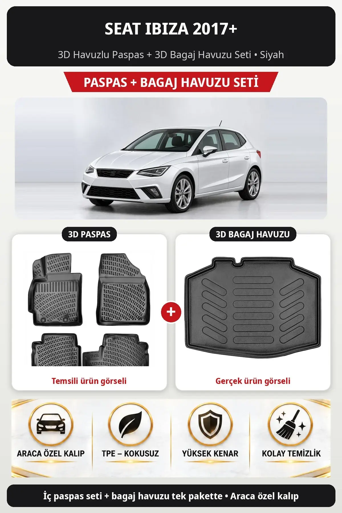 Seat Ibiza 2017+ 3D Havuzlu Paspas + 3D Bagaj Havuzu Seti Siyah (1)