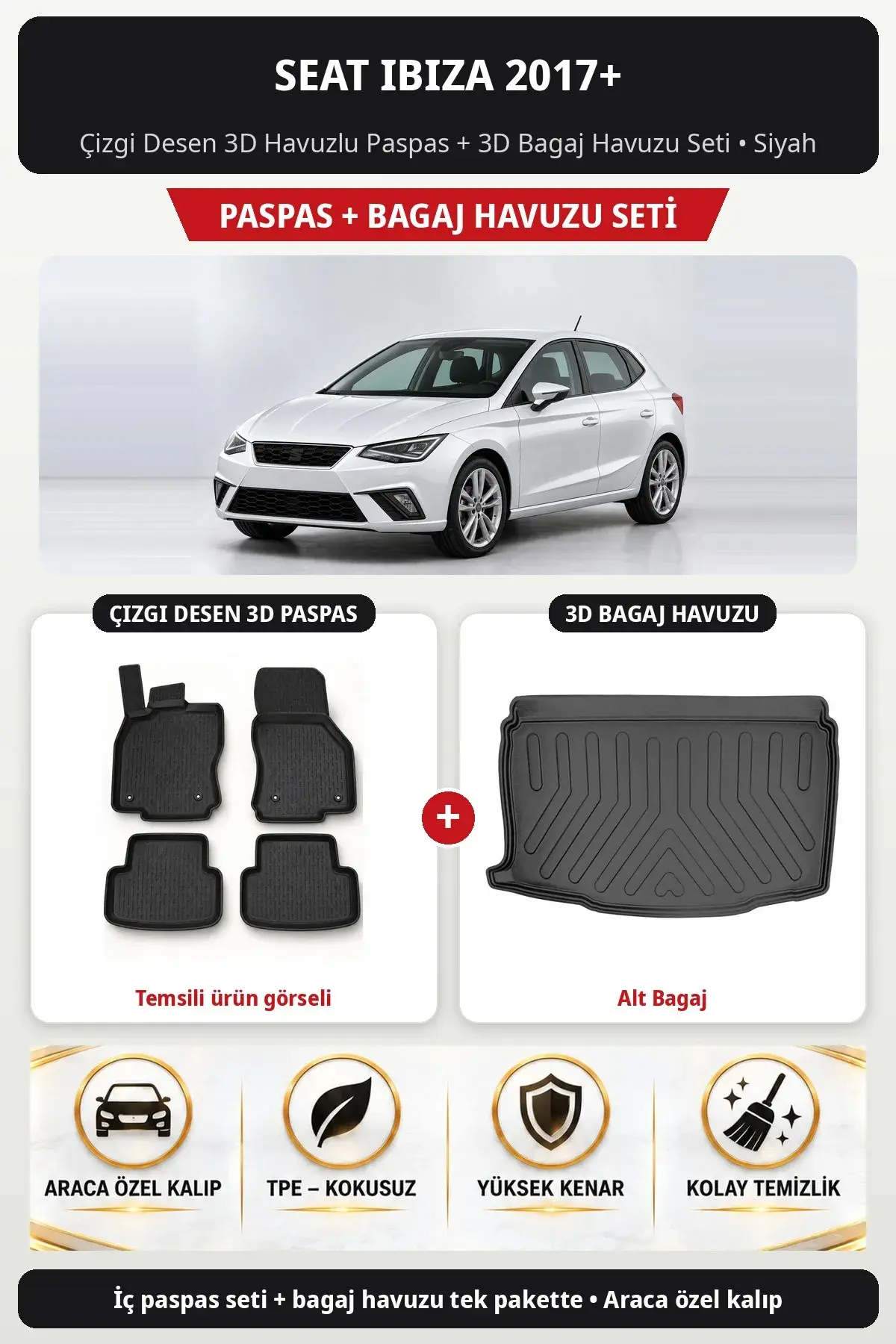 Seat Ibiza 2017+ Çizgi Desen 3D Havuzlu Paspas + 3D Bagaj Havuzu Seti (Alt Bagaj) Siyah (1)